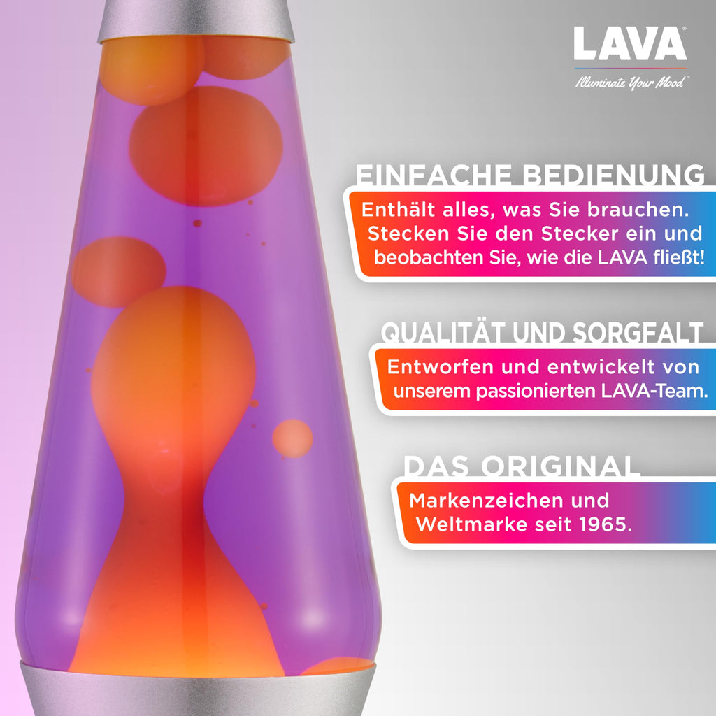 LAVA® - Lava Lampe 2125, gelbes Wachs, lila Flüssigkeit, silberner Sockel und Deckel, Original 14,5 Zoll Bewegungslampe der Marke LAVA®