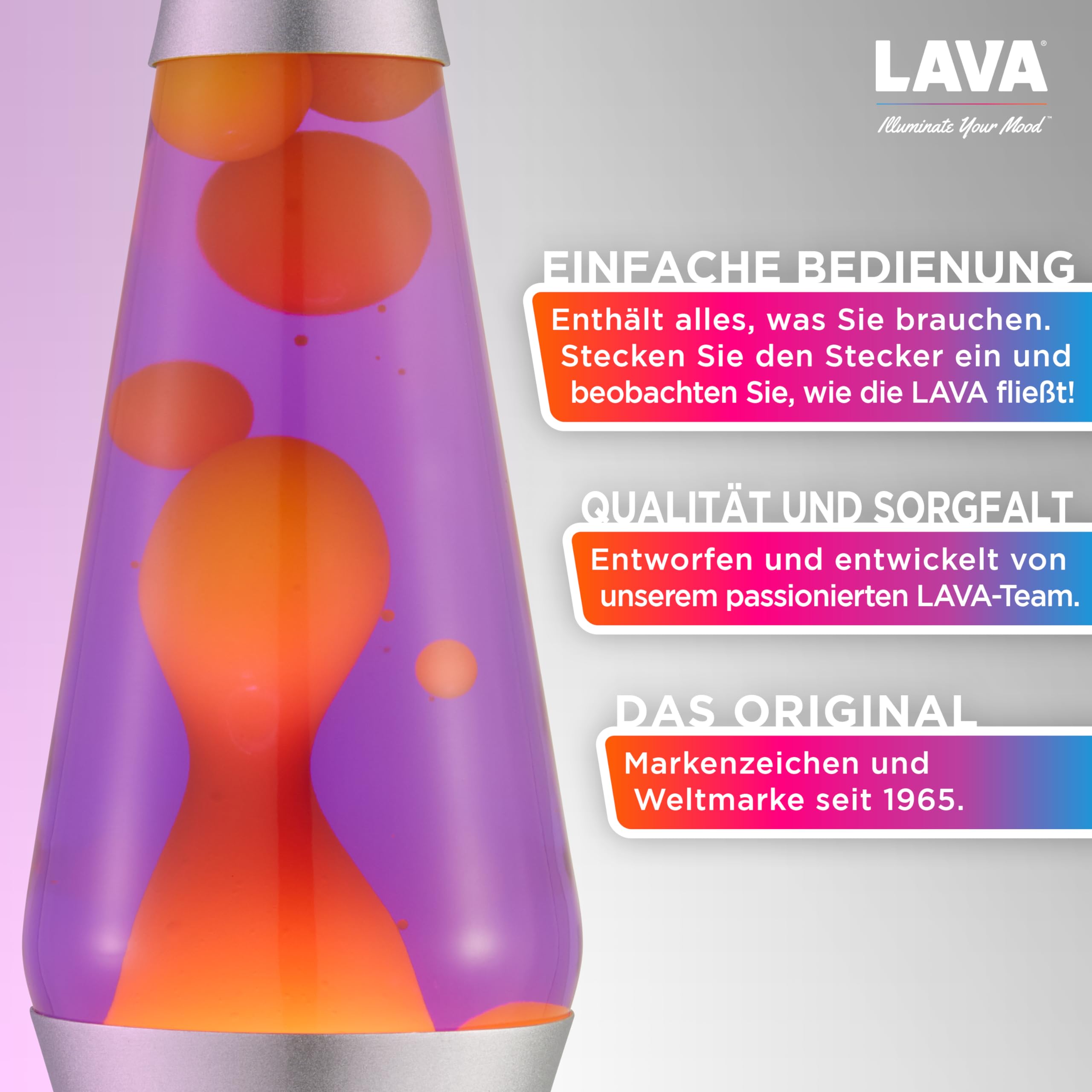 LAVA® - Lava Lampe 2125, gelbes Wachs, lila Flüssigkeit, silberner Sockel und Deckel, Original 14,5 Zoll Bewegungslampe der Marke LAVA®
