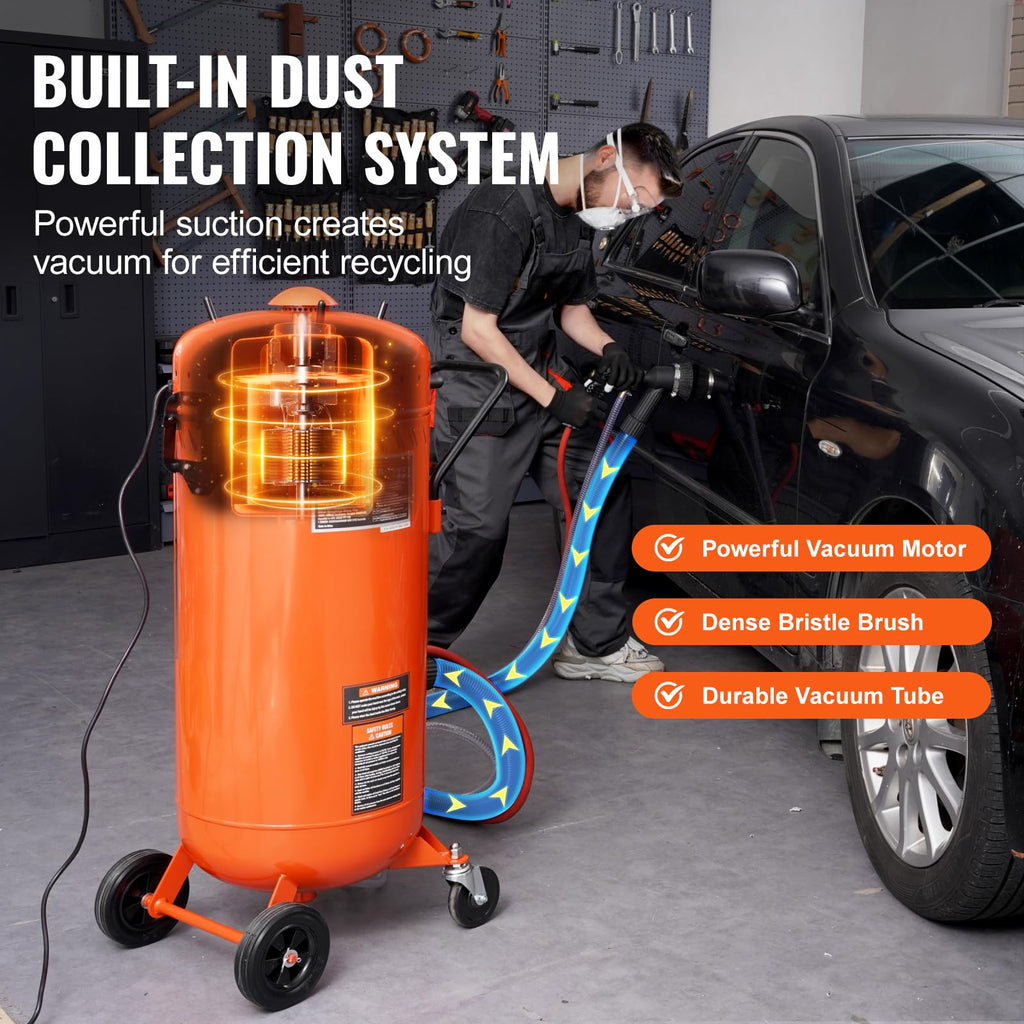 VEVOR 28 Gallonen Vakuum-Sandstrahler, staubfreier Sandstrahler mit eingebautem 1200 W Vakuumsystem zur Staubkontrolle und Strahlmittelrückführung, 60-110 PSI Hochleistungs-Strahlgerät