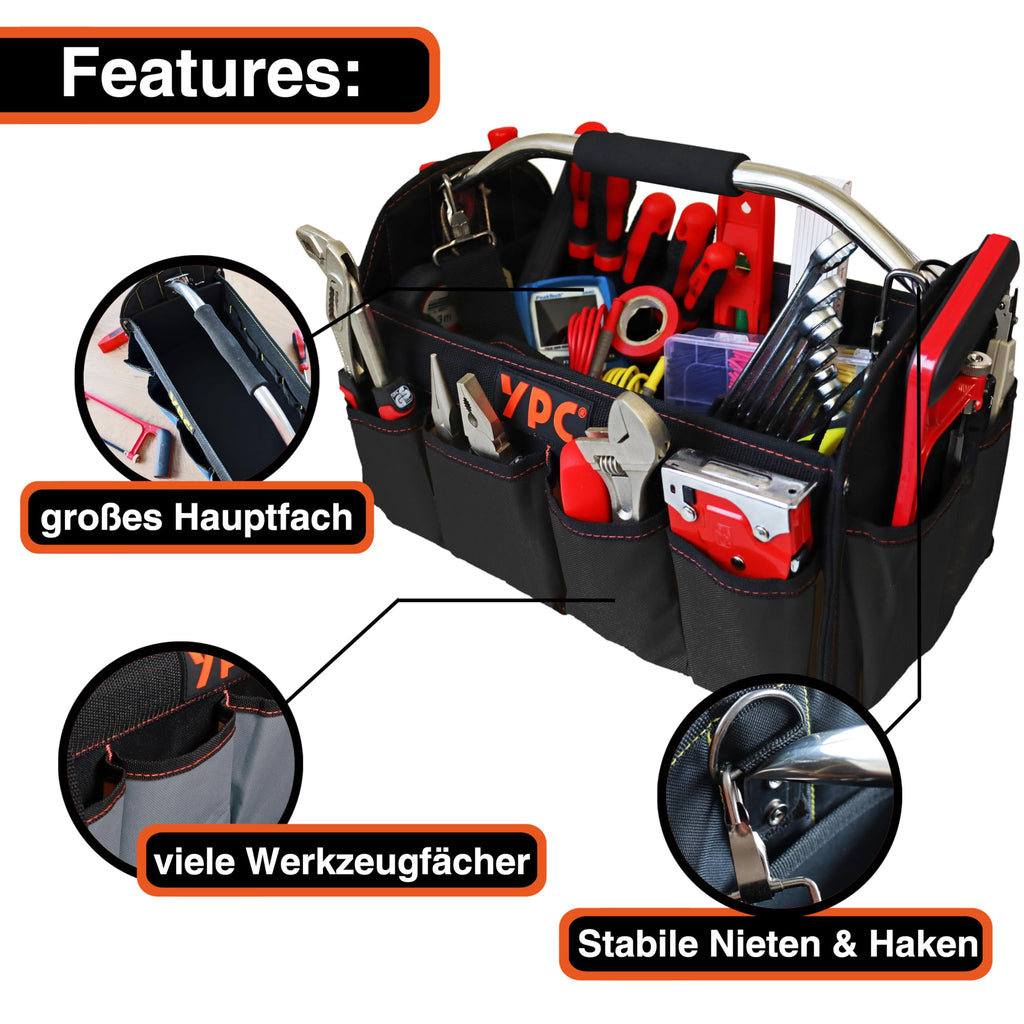 YPC Carrier Werkzeugkorb XL – Tragbare Werkzeugtasche mit stabilem Boden, Wasserfest, Reißfest, Faltbar, Schultergurt mit Polster & Metall-Handgriff, Schwarz, 40,5x30x19,5cm – 20 kg Tragkraft