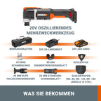 WORX WX696 20V Akku-Multifunktionswerkzeug – Elektrisches Werkzeug zum Schneiden, Sägen, Schleifen & mehr – Variable Drehzahlregelung – Ergonomisches Design – inkl. 20V 2Ah Akku, Ladegerät & Koffer