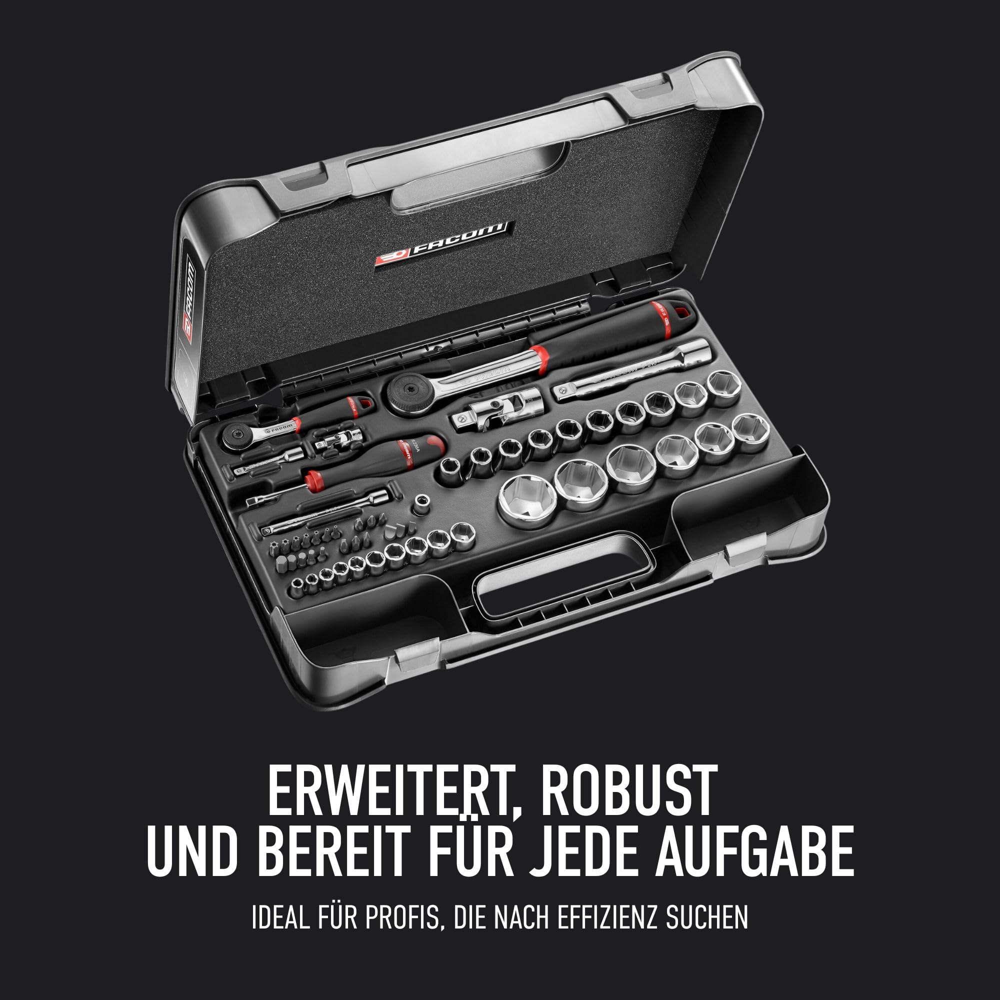 FACOM Kompletter Werkzeugkoffer mit 55 Steckschlüsseln, 2 Ratschen und 4 Hochleistungs-Verlängerungen, geliefert in der thermogeformten RS.161-2-Ablage