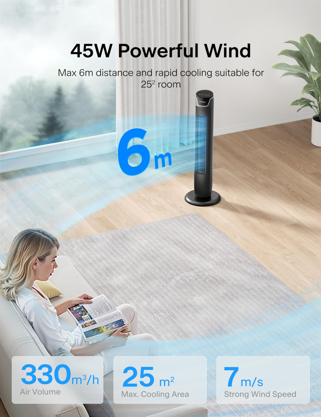 PELONIS Turmventilator mit Fernbedienung - 5 Geschwindigkeitsstufen & 4 Modi (AI/Nacht/Naturwind) 9H Timer, LED-Display mit Speicherfunktion - Energiesparender Ventilator für Büro Schlafzimmer