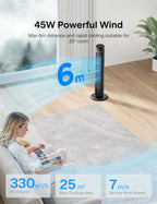 PELONIS Turmventilator mit Fernbedienung - 5 Geschwindigkeitsstufen & 4 Modi (AI/Nacht/Naturwind) 9H Timer, LED-Display mit Speicherfunktion - Energiesparender Ventilator für Büro Schlafzimmer