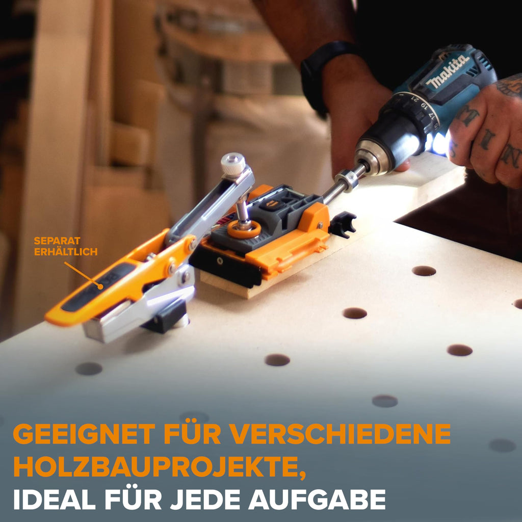 BORA Mini-Taschenloch-Bohrschablone – Automatische Tiefeneinstellung mit Push-Lock-System, Farbkodierte Schraubenführung – Für enge Räume & Holz bis 38 mm Stärke