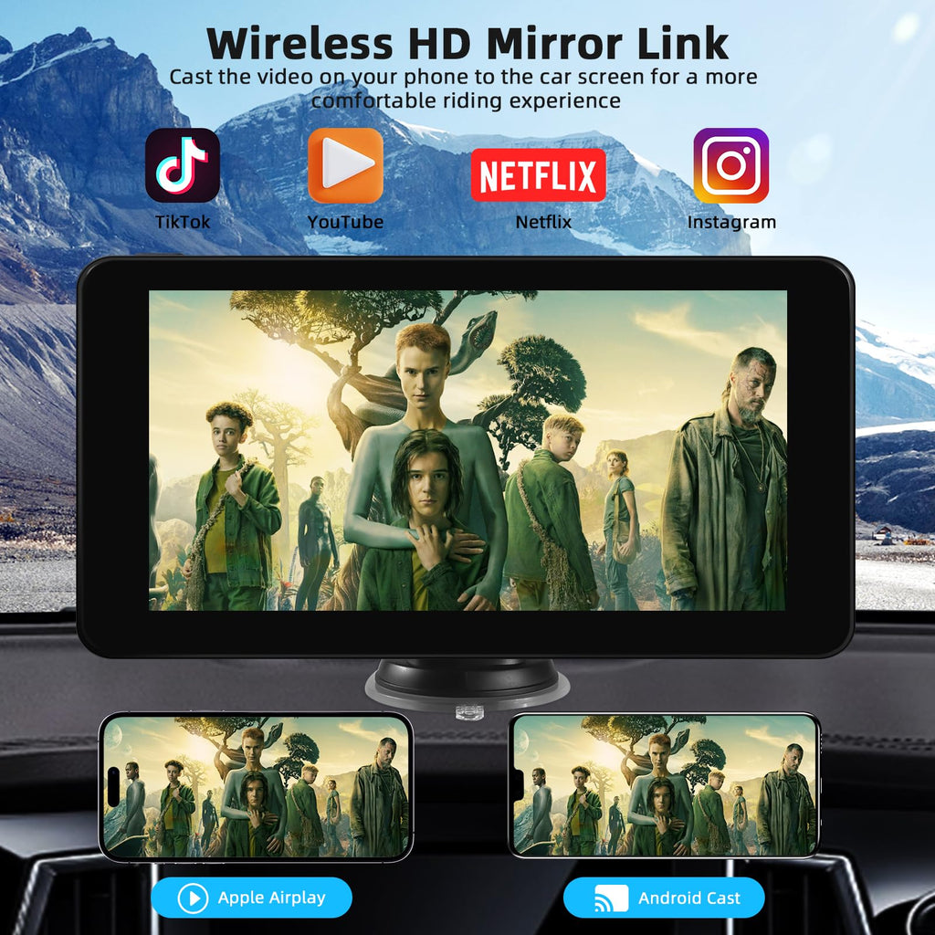 Wireless Carplay Display mit A-pple Carplay & Android Auto, 7 Zoll Tragbares Autoradio mit Bildschirm, Navigationsgeräte für Auto mit Rückfahrkamera, Bluetooth, Mirror Link, Voice Control, FM, AUX