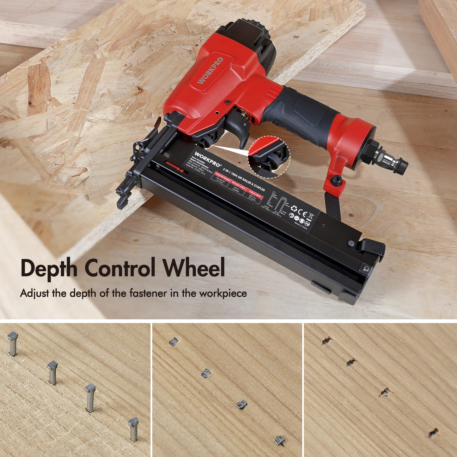 WORKPRO Druckluftnagler Drucklufttacker 2 in 1 inkl. 700 Klammern & Nagel, 9040/F50, max 7,1 bar Profi Druckluftpistole mit Sicherheitsnase für Werkstatt und Haus (Nägel bis 50mm, Klammern bis 40mm)