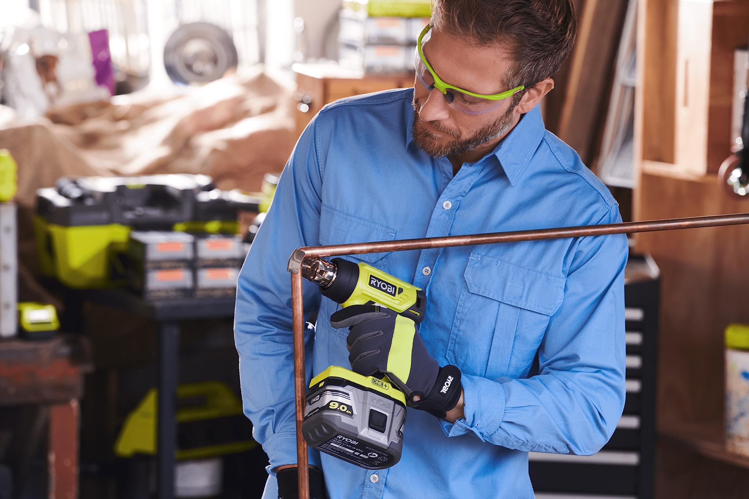 RYOBI 18 V ONE+ Akku-Heißluftgebläse R18HG-0 (Luftstrom 170l/min, Hitzegrad bis 470°, LED-Beleuchtung, mit Zwei Düsen, ohne Akku)