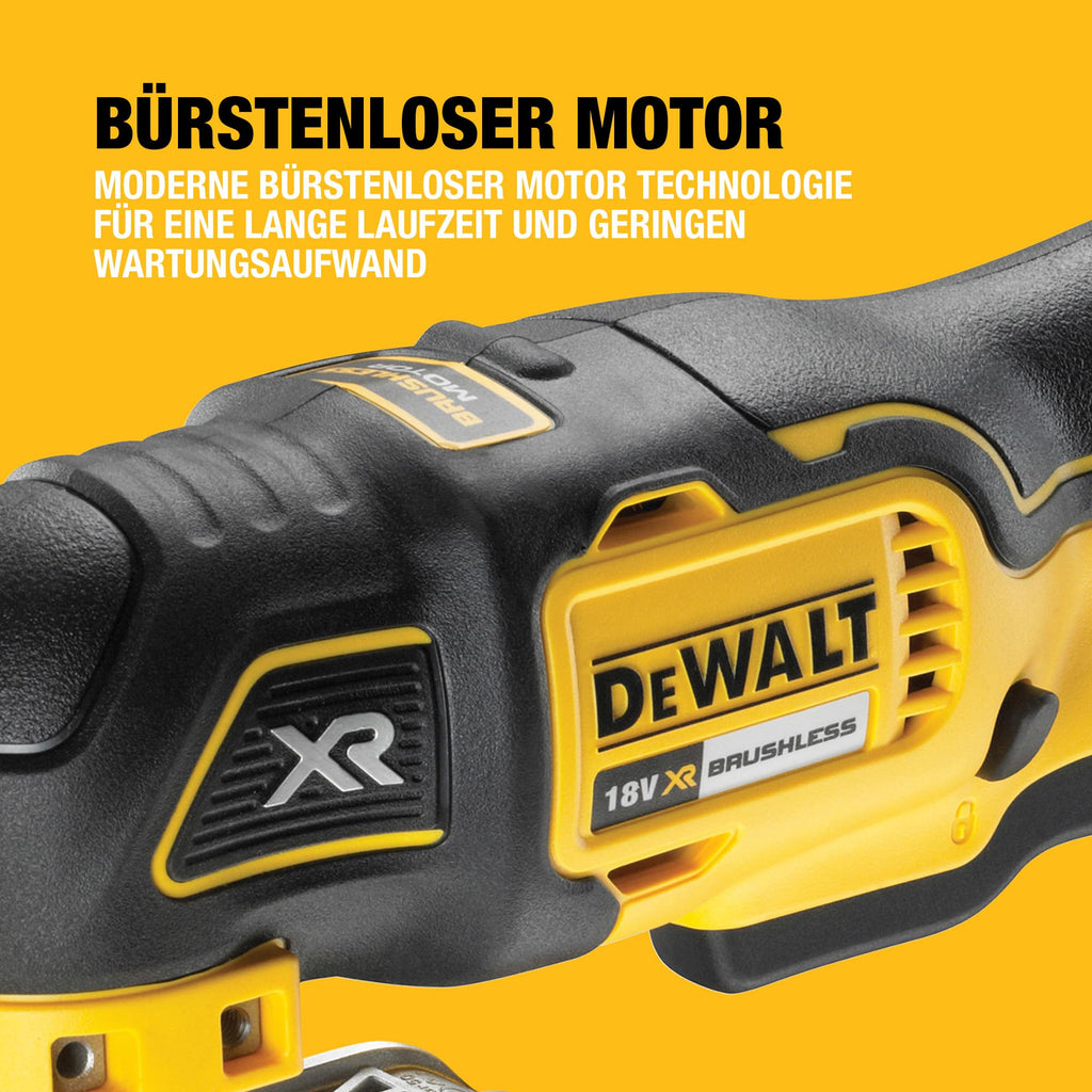 DEWALT 18 Volt ozillierendes Akku-Multi-Tool DCS355N-XJ (bürstenloser Motor, LED-Lampe, großer Auslöseschalter, 30-tlg. Zubehör-Set für Schleif- und Sägeanwendungen, Lieferung ohne Akku und Ladegerät)