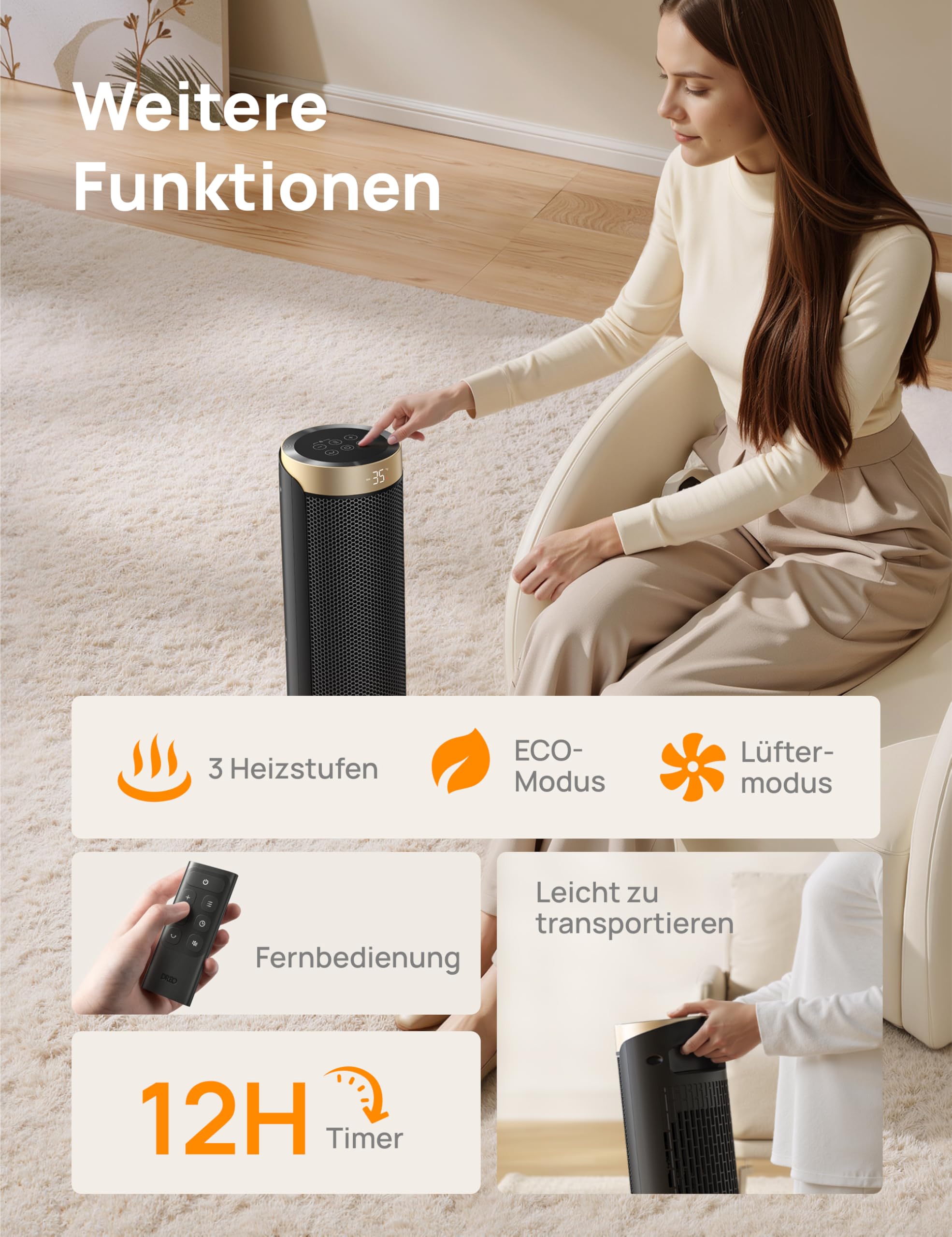 Dreo Heizlüfter Energiesparend, PTC Keramik Heizlüfte Leise, 70° Oszillierend Elektroheizung mit Fernbedienung, 12-Std-Timer, 3 Modus 3 Geschwindigkeit, Überhitzungs-Kippschutz, Solaris Slim H3