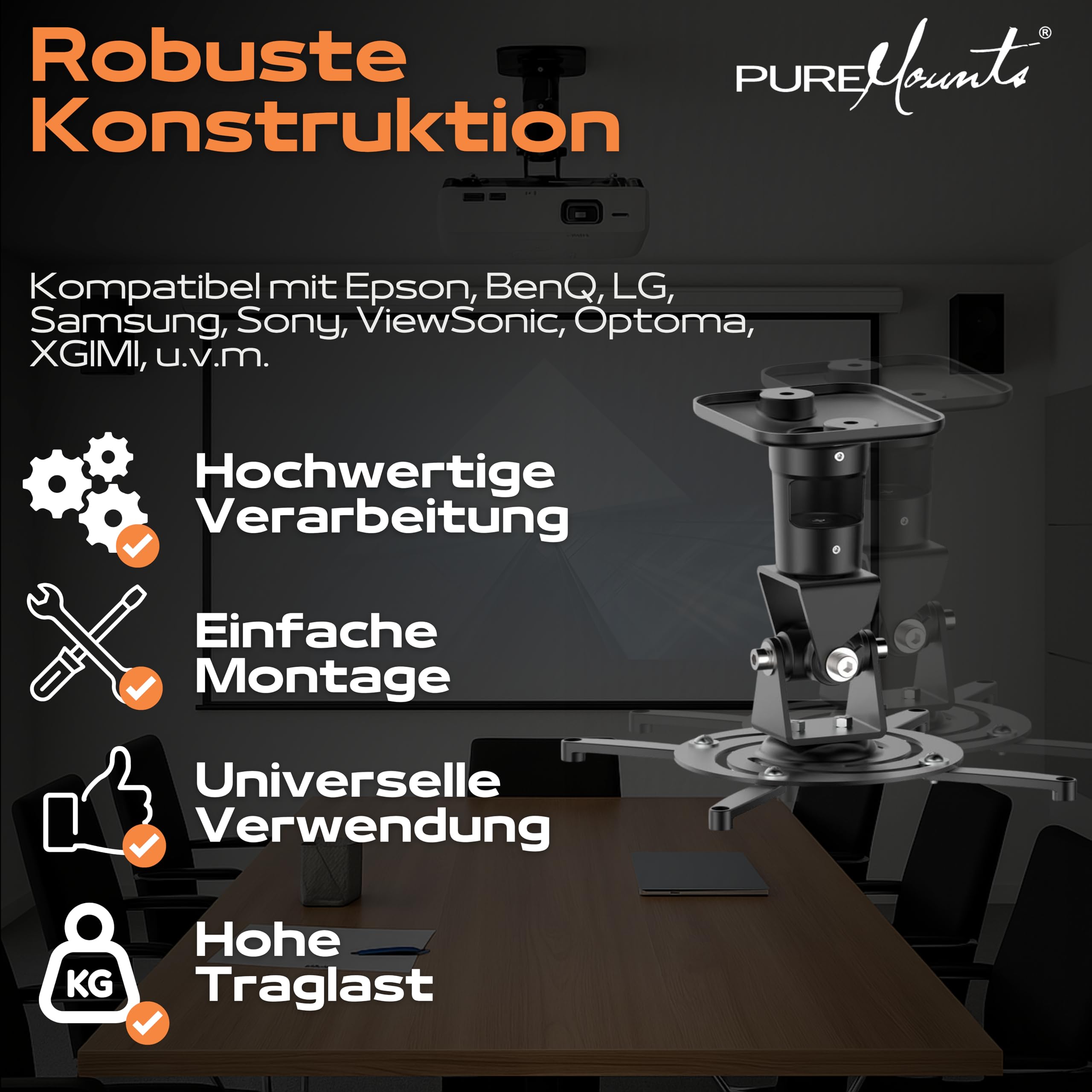 PureMounts Beamer Deckenhalterung Spider-Plus-B - 25 grad neigbar und 360 grad drehbar, 220mm Deckenabstand,(15kg), Lochabstand 180-310mm, schwarz