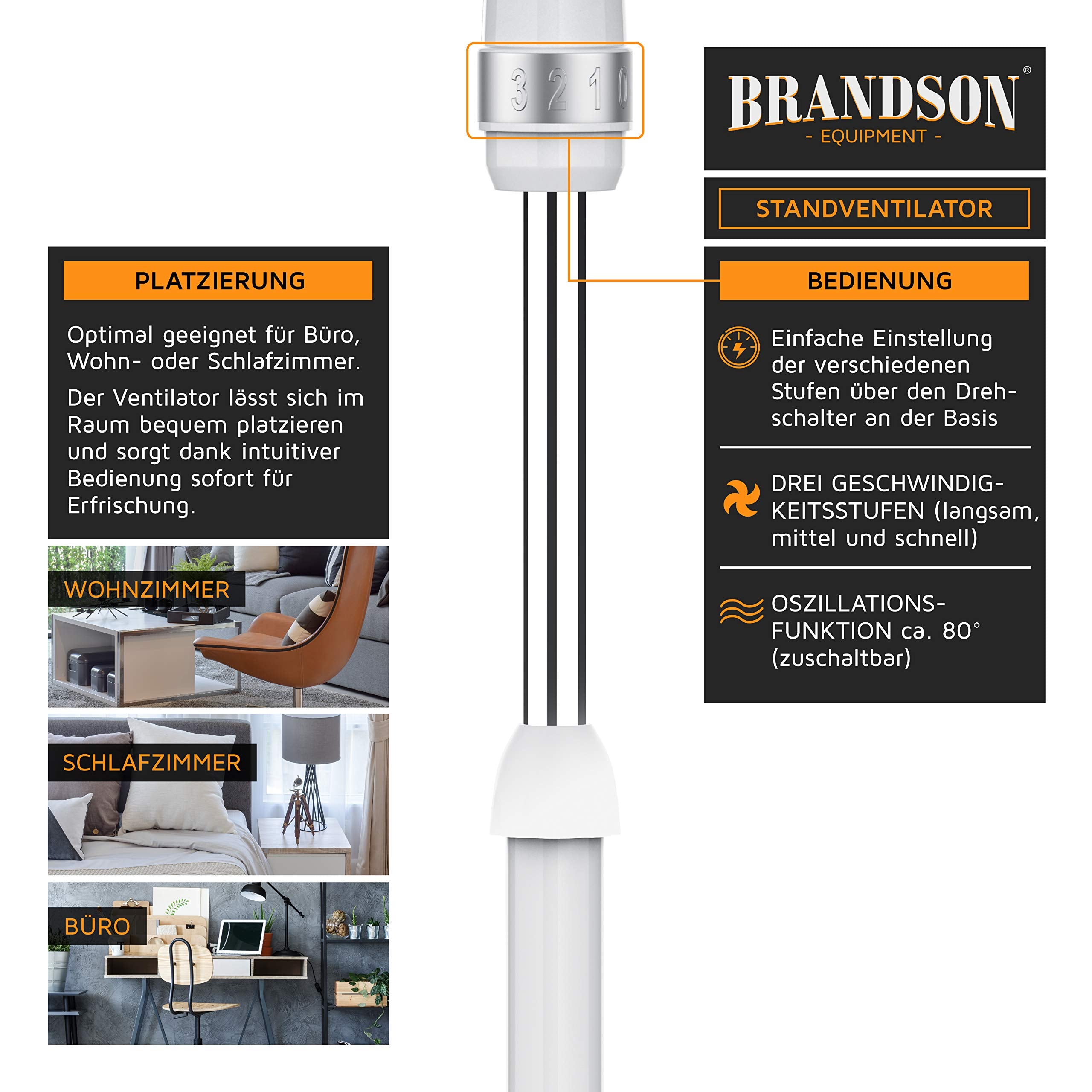 Brandson - Standventilator 50 W - Standlüfter 40 cm - Ventilator höhenverstellbar – Neigungswinkel 30° verstellbar - hoher Luftdurchsatz - 3 Geschwindigkeitsstufen – Oszillation 80° - weiß