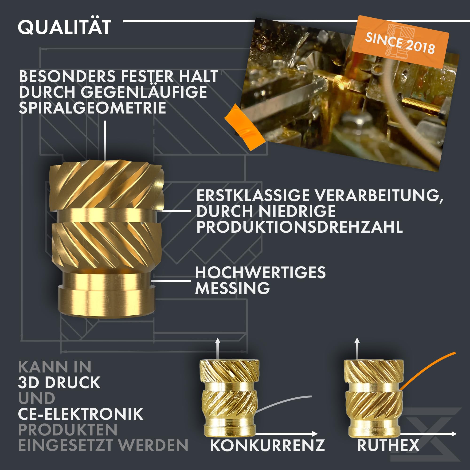 ruthex Gewindeeinsätze M2 + M3 + M4 + M5 Sortimentskasten - 70 + 100 + 50 + 50 Stk. BLEIFREIE Gewindebuchsen aus Messing - zum Einschmelzen einer Gewindehülse in 3D-Druck-Teile aus Kunststoff