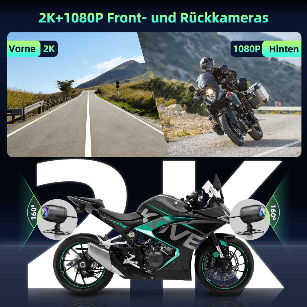 Lamto Motorrad Carplay & Android Auto für Motorcycle,Tragbares Carplay Bildschirm mit Dashcam Vorne Hinten 2K+1080P,5,5 Zoll IP67 Wasserdichter Touchscreen für Motorräder,Daueraufnahme/Siri/64G TF