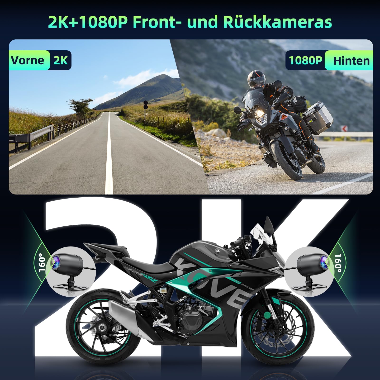 Lamto Motorrad Carplay & Android Auto für Motorcycle,Tragbares Carplay Bildschirm mit Dashcam Vorne Hinten 2K+1080P,5,5 Zoll IP67 Wasserdichter Touchscreen für Motorräder,Daueraufnahme/Siri/64G TF