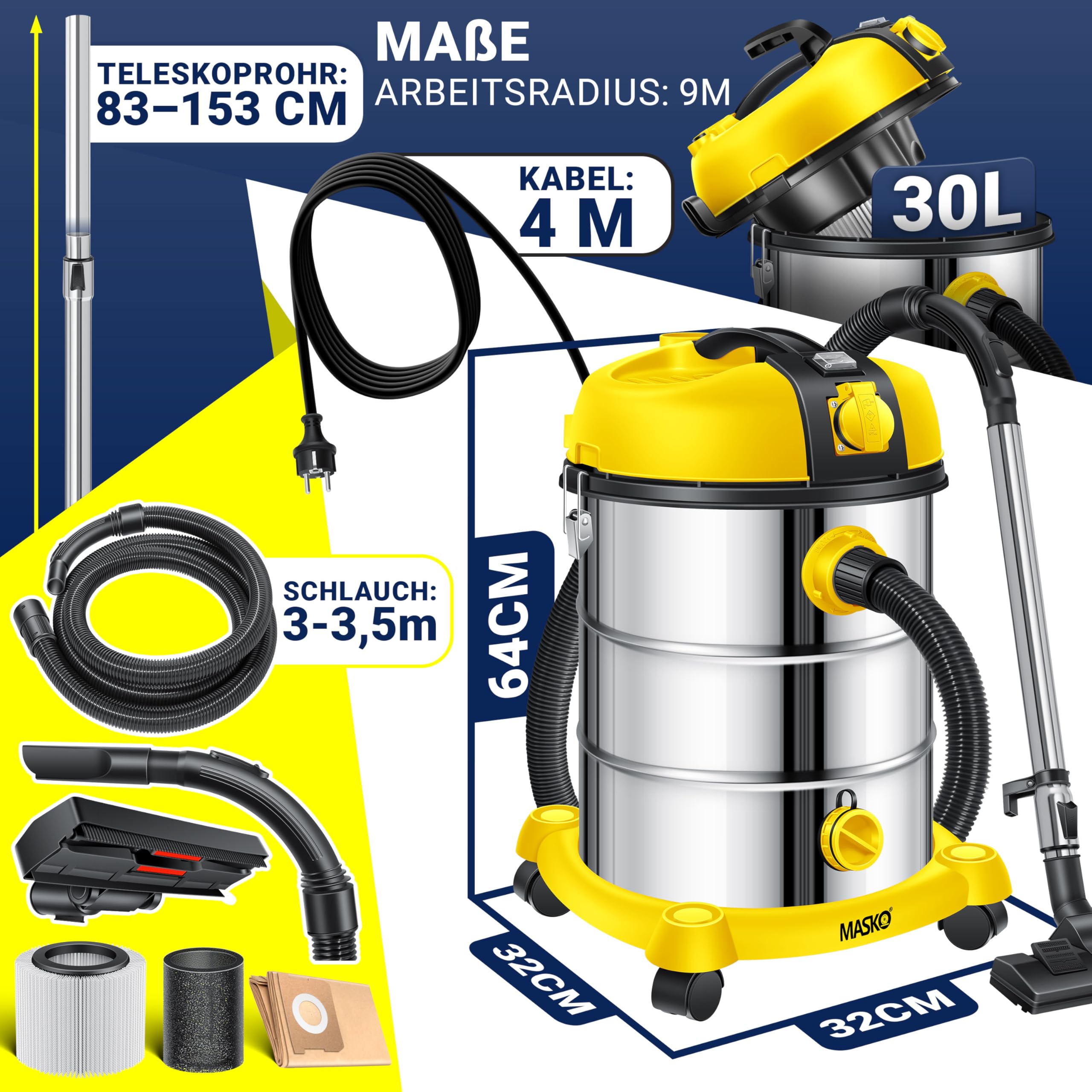 MASKO® Industriestaubsauger Staubsauger Nass Trocken Sauger Edelstahl 2300W + Steckdose, Blasfunktion, Saugschlauch & Nass-Saugen, Push&Clean, Industriesauger mit & ohne Beutel, Inkl Filter beutellos