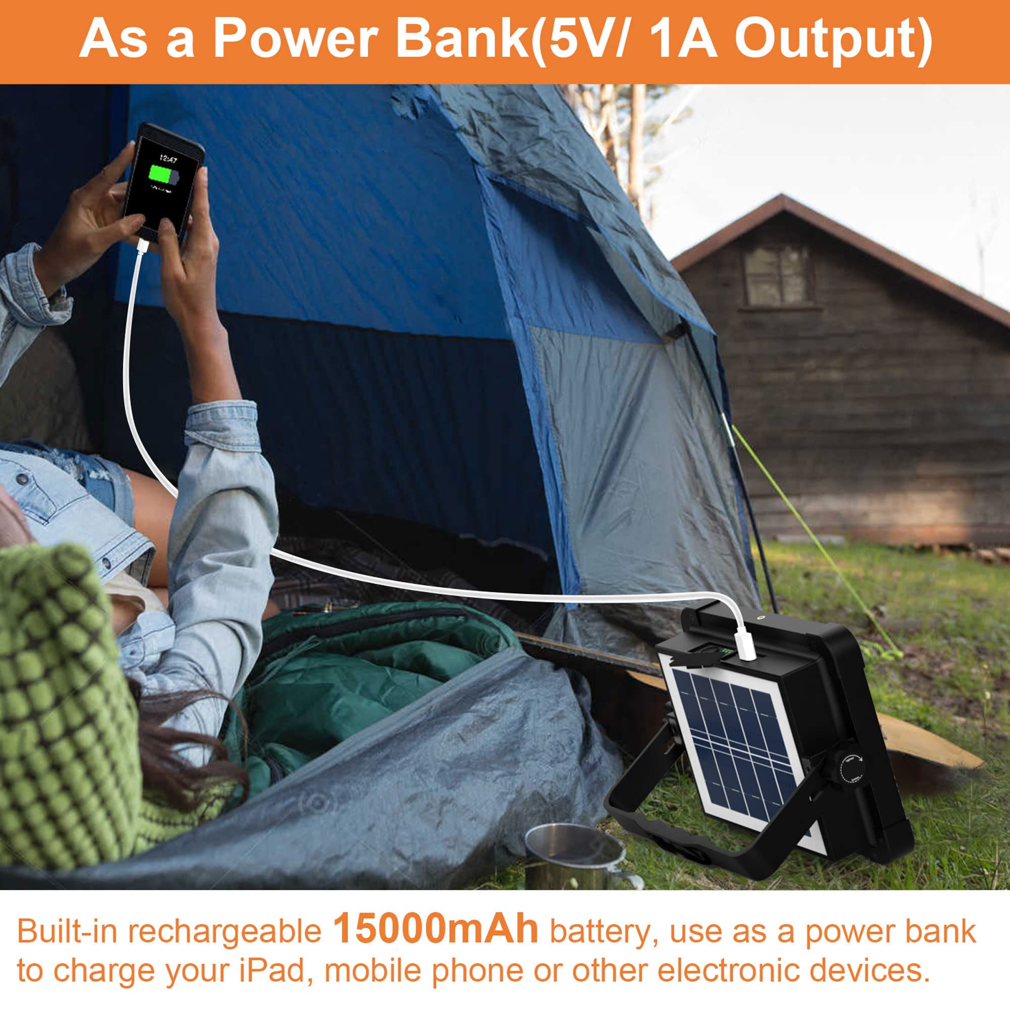 ERAY 150W LED Baustrahler Akku Solar Arbeitsleuchte Tragbare, 15000mAh LED Strahler Akku, LED Arbeitsleuchte 296 Perlen/5 Modi/USB-Wiederaufladbar, Campinglampe Tragbar für Camping Notfälle Keller