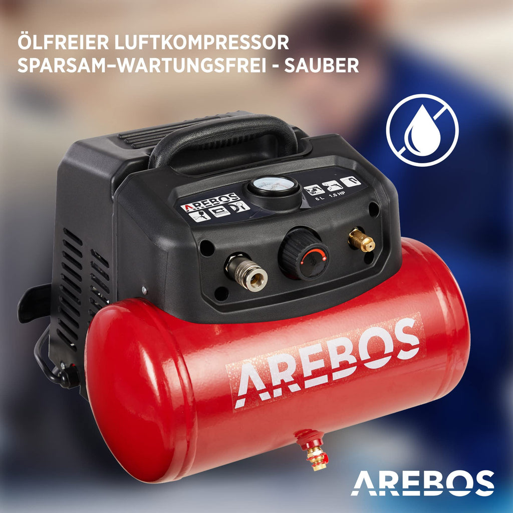 Arebos 6L Druckluftkompressor 1200W | 180 L/min Saugleistung | 8 bar Kompressor inkl. 13-tlg. Druckluft-Werkzeug-Set | Ölfrei & leise | Abschaltautomatik | Kompakt, mobil & robust | inkl. 2 m Kabel