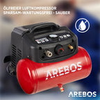 Arebos 6L Druckluftkompressor 1200W | 180 L/min Saugleistung | 8 bar Kompressor inkl. 13-tlg. Druckluft-Werkzeug-Set | Ölfrei & leise | Abschaltautomatik | Kompakt, mobil & robust | inkl. 2 m Kabel