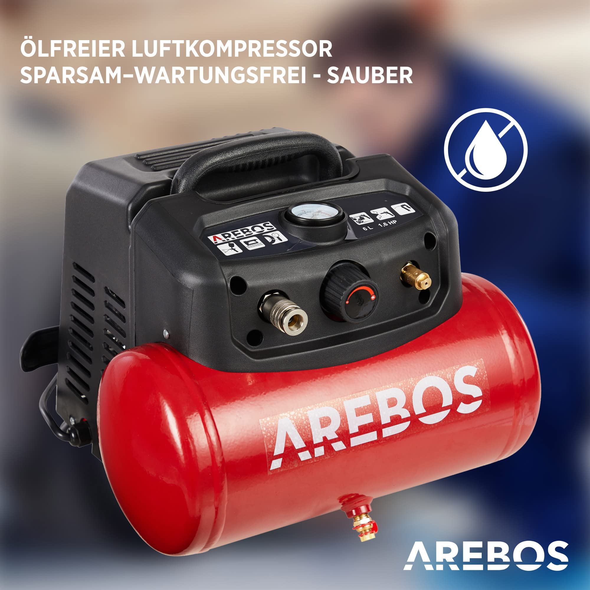 Arebos 6L Druckluftkompressor 1200W | 180 L/min Saugleistung | 8 bar Kompressor inkl. 13-tlg. Druckluft-Werkzeug-Set | Ölfrei & leise | Abschaltautomatik | Kompakt, mobil & robust | inkl. 2 m Kabel