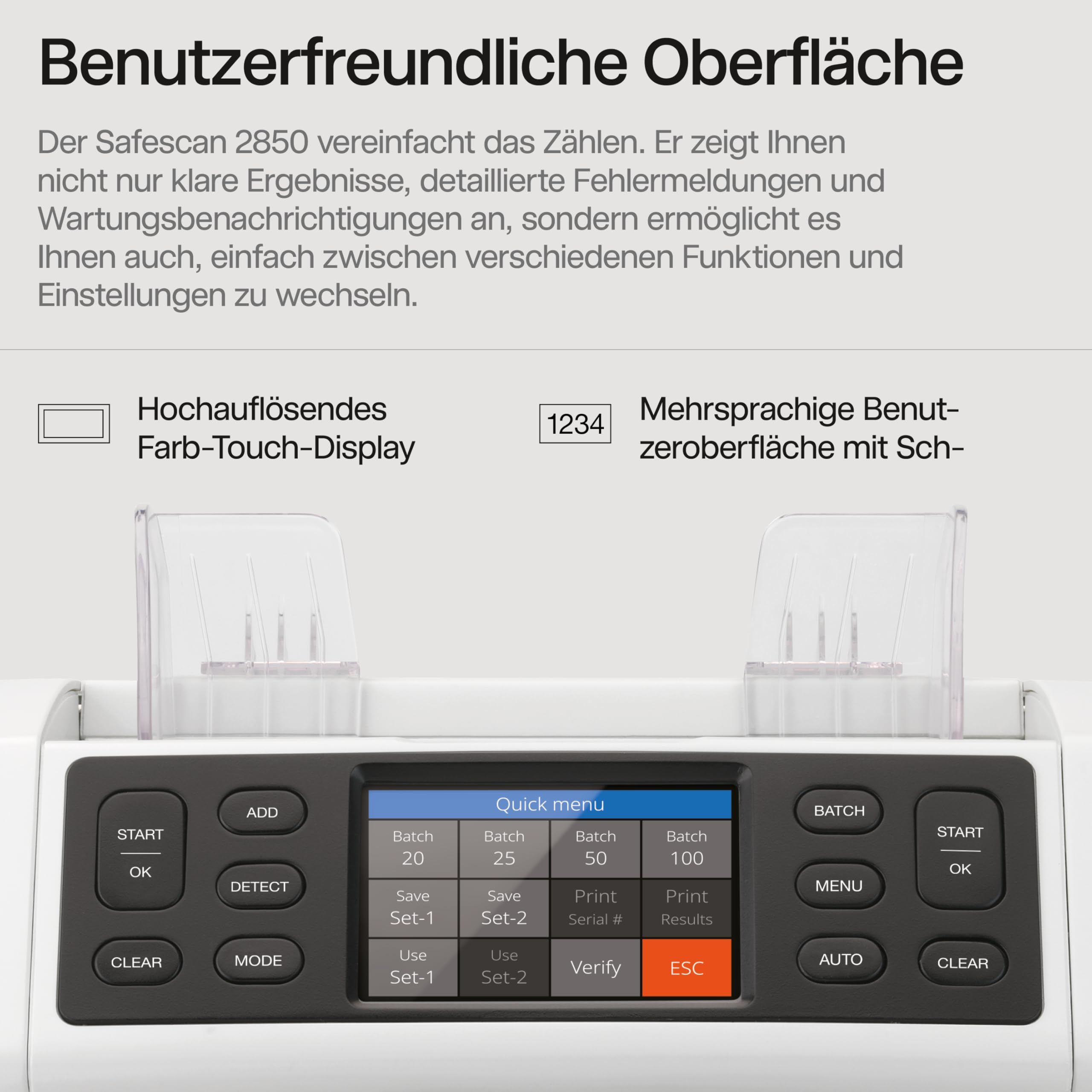 Safescan 2850 Geldzählmaschine, zählt sortierte Banknoten - Banknotenzähler mit 3-facher Echtheitsprüfung - Geldzählmaschine mit mehrsprachiger Benutzeroberfläche
