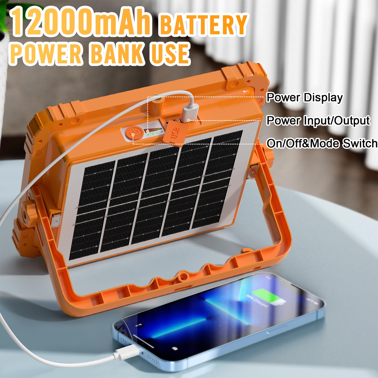 100W Baustrahler Akku Solar Arbeitsleuchte, 466 LED 5 Modi, 10000LM 12000mAh USB-wiederaufladbar, IP66 wasserdicht Akku Arbeitsleuchte Tragbar im Freien für Baustelle, Camping, Garage, Notfälle