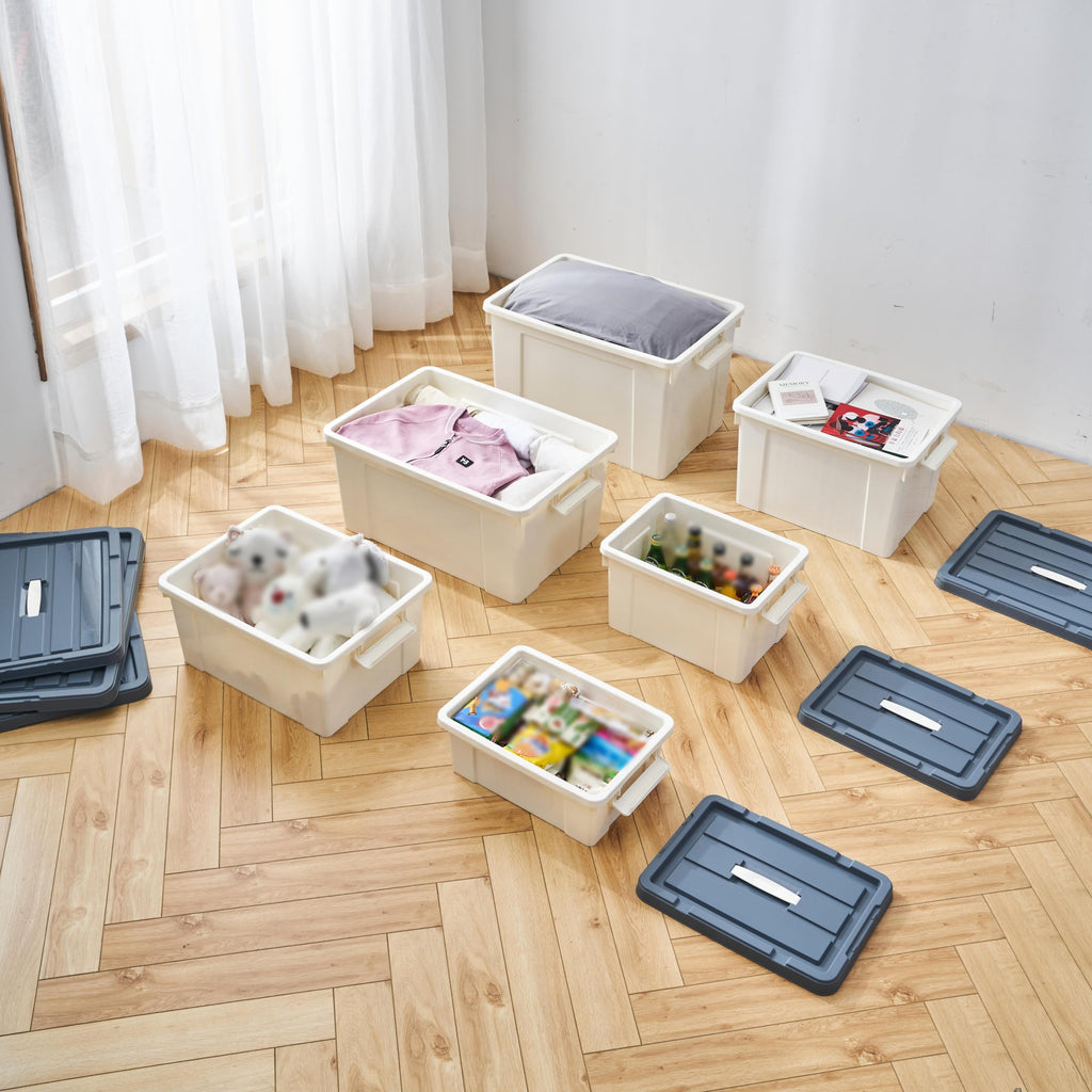 Cetomo 90L*4 Aufbewahrungsboxen, Tragbare Plastikboxen mit Deckeln, Organizer-Behälter mit Griff und Clips, Stapelbar, Ineinander Nestbar, für Zuhause und Büro, Weiß, 90L-4er Pack