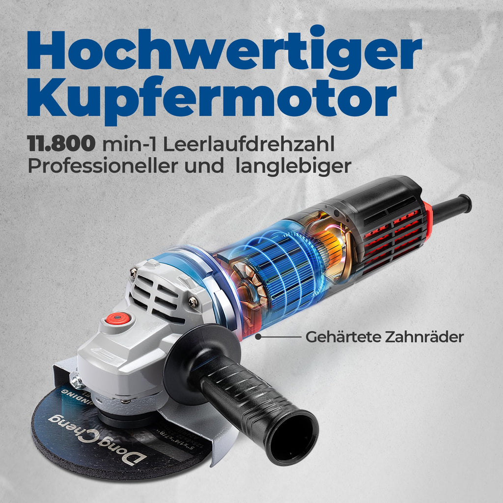 DongCheng Winkelschleifer 1100W, 125mm, Leerlaufdrehzahl:11.800min-1, Schnellverschlussabdeckung, Zusatzhandgriff ，mit 2 Schleifscheiben, 2 Fächerschleifscheiben, 2 Trennscheiben