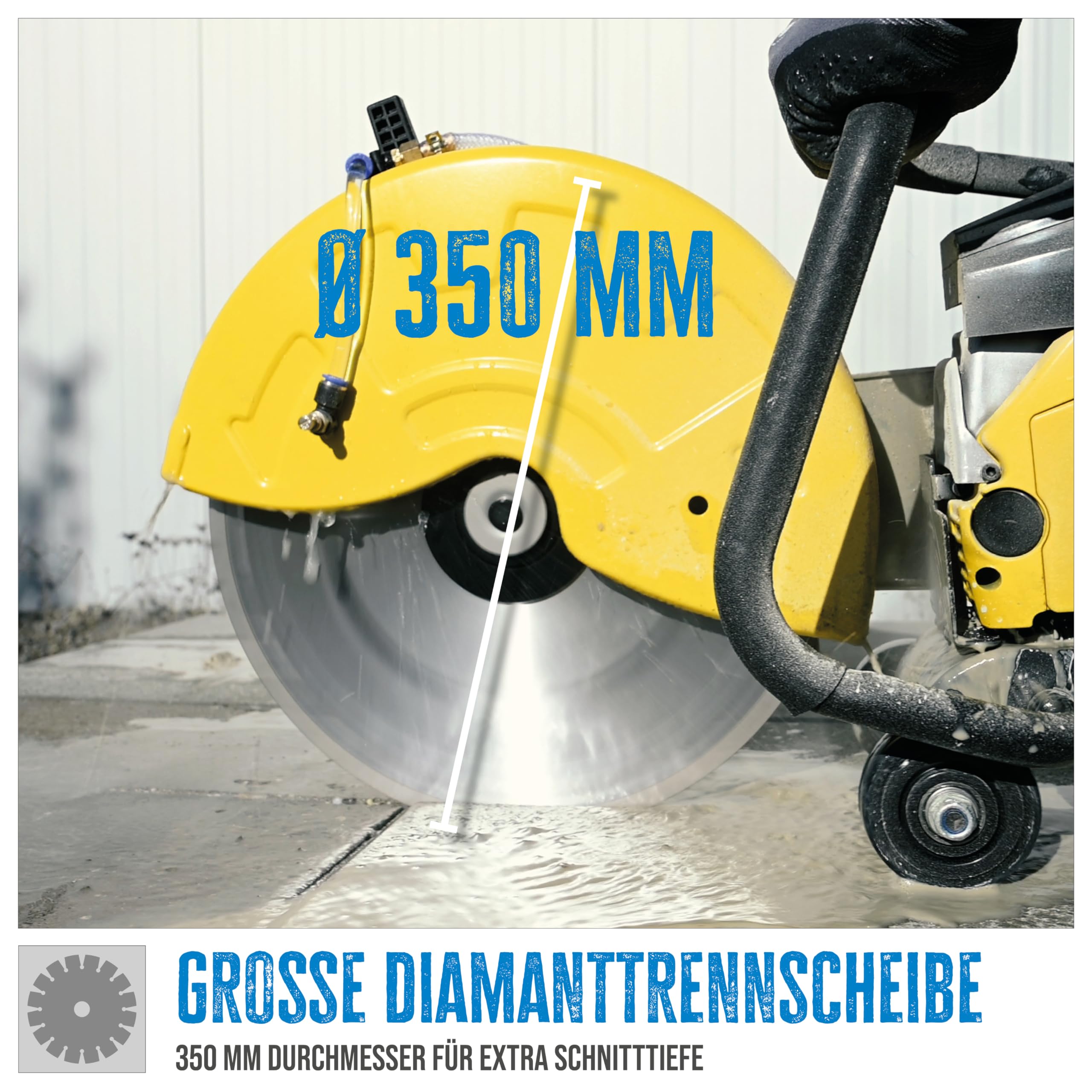 Güde Betontrennschneider GBTS 350.1 (2-Takt-Motor, 2,9/3,9 (kW/PS), 65 cm³ Hubr., 125 mm max. Schnitttiefe, 350 mm Trennscheiben-Ø, Nass und Trockenschnitt, inkl. Diamantscheibe & 3 Ersatzluftfilter)