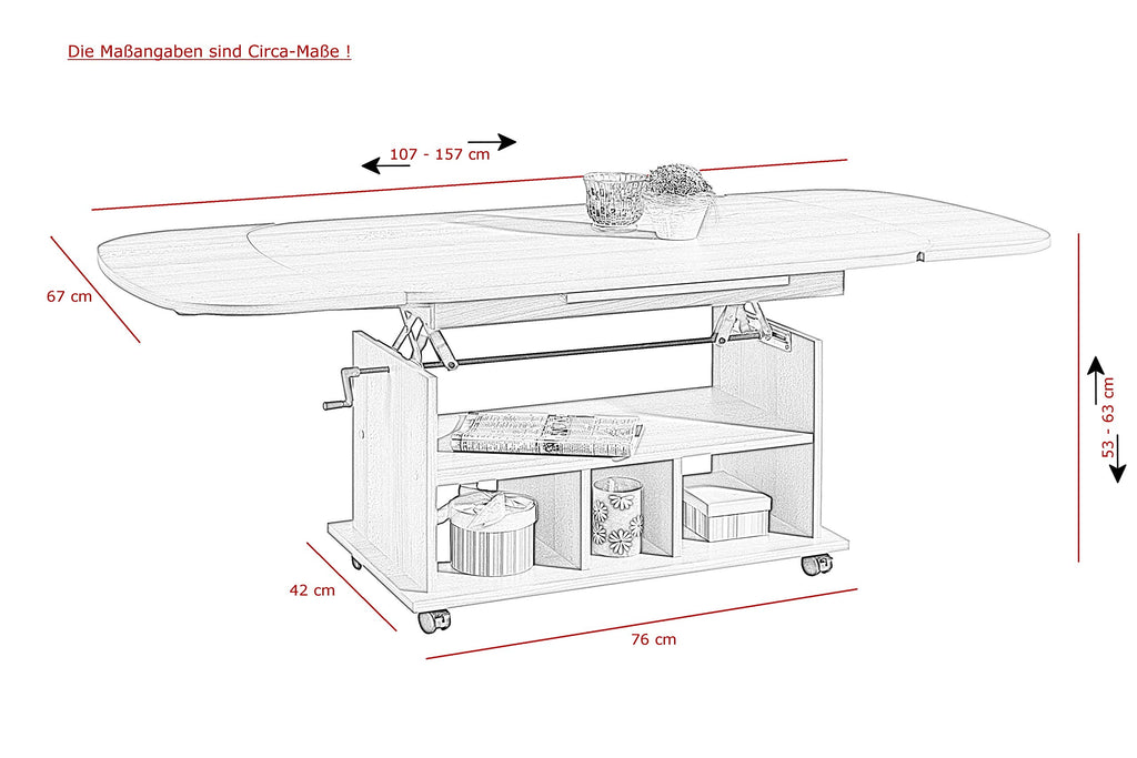 Hela Tische, Funktionscouchtisch Babsi, Holzwerkstoff melaminbeschichtet, Sonoma Eiche, höhenverstellbar 53-63cm, ausziehbar 107-157cm, auf Rollen