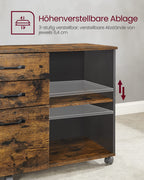 VASAGLE Rollcontainer, Aktenschrank, mit 3 Schubladen und Rollen, offene Fächer, für Dokumente in DIN A4-, Letter-Format, Druckerständer, Industrie-Design, vintagebraun-schwarz OFC041B01