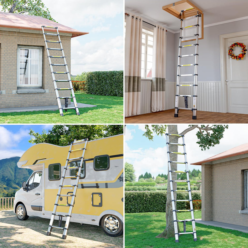SIMPDIY 4,4m Teleskopleiter, Edelstahl Hochfest Verstärkt Leiter Ausziehbar, Tragbare Ausziehbare Leiter Mit Rutschfesten Füßen, Für Dach, Dachboden, Wohnmobil, Tragkraft 150 kg