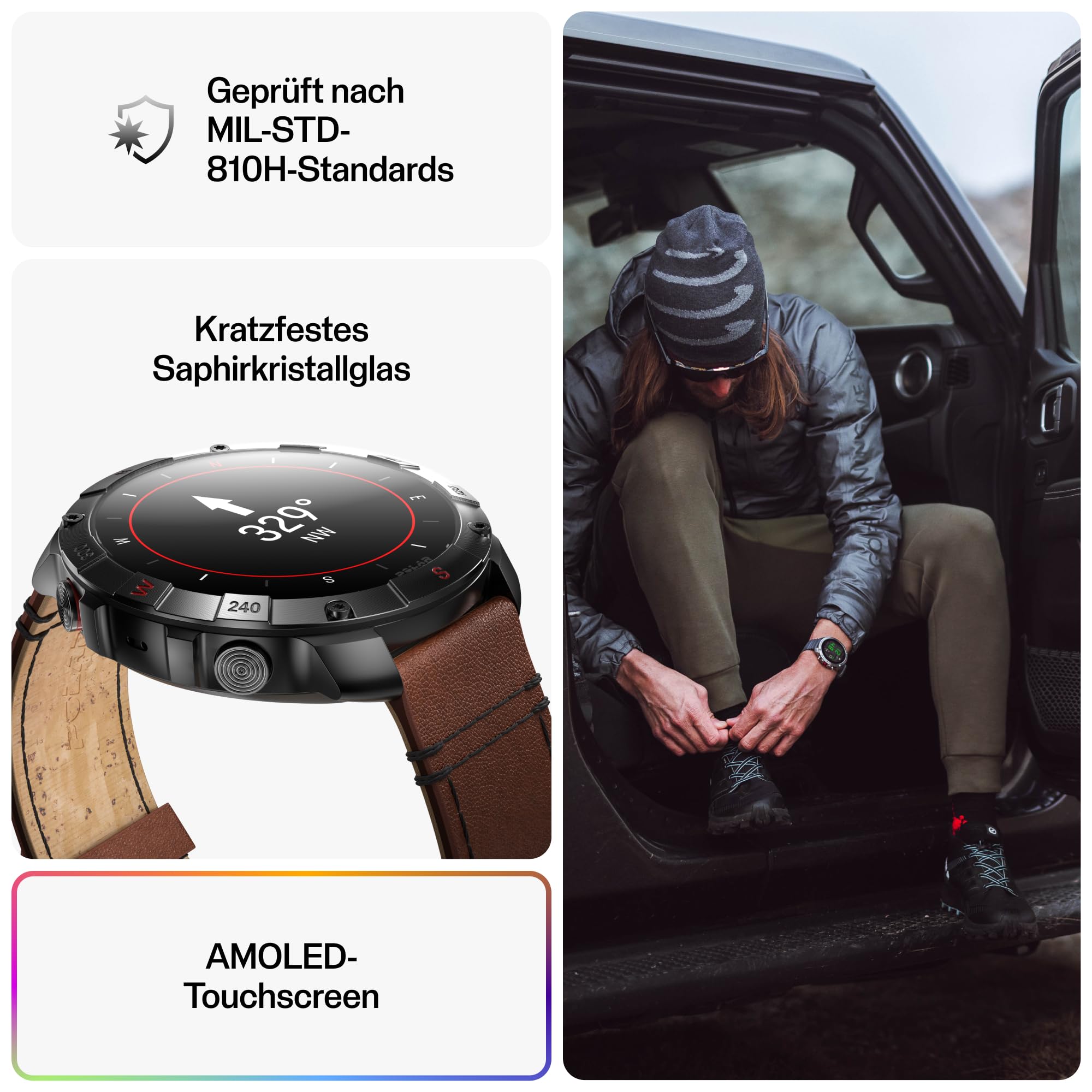 Montre Polar Grit X2 Pro Titan : Ultra robuste et performante, outils de Navigation avancés, détection de paramètres biologiques, suivi de l'entraînement et de la FC Avec Bracelet en Cuir en Plus.
