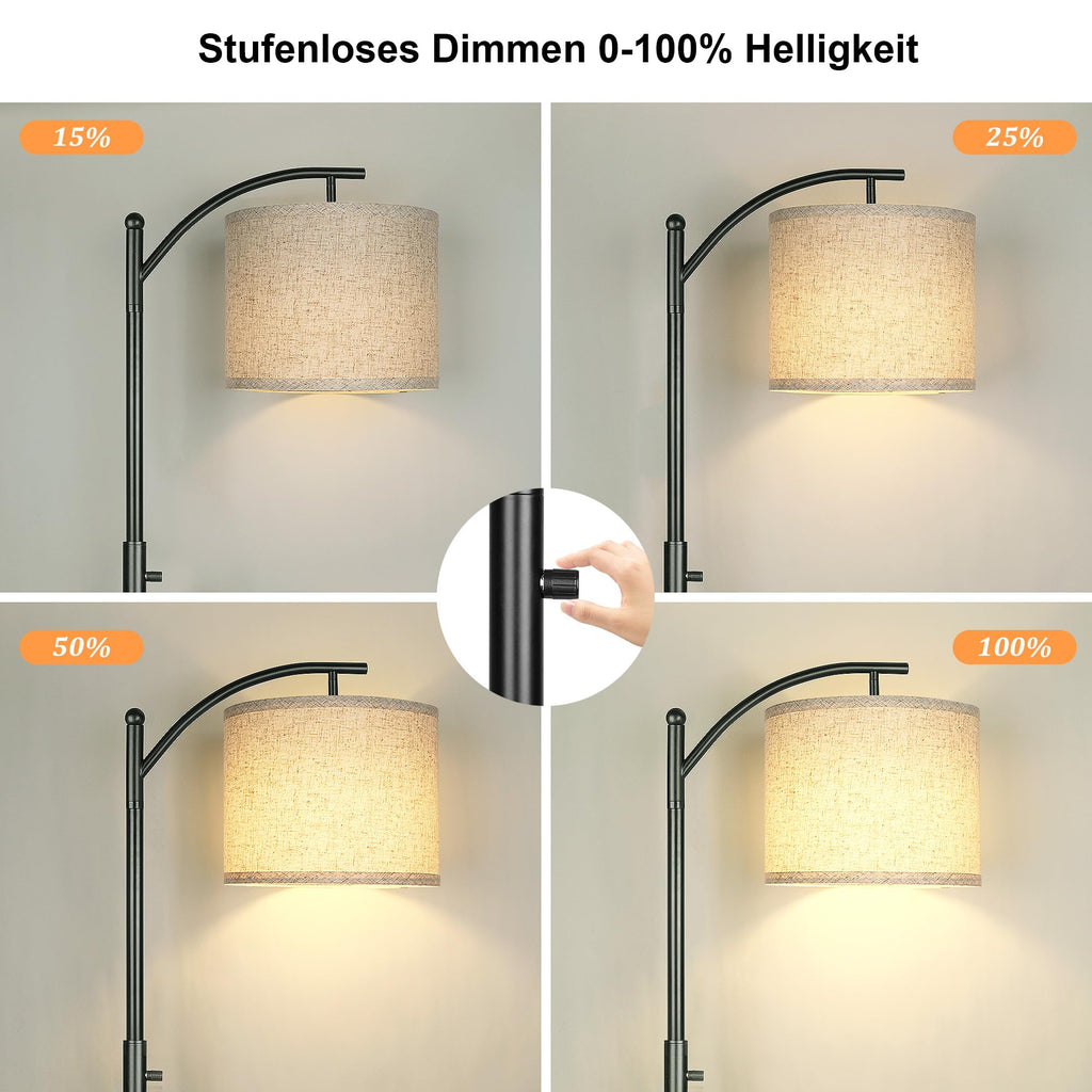 ROTTOGOON Dimmbare Stehleuchte Bogen Stehlampen für Wohnzimmer Stufenlos Dimmbare Moderne Stehlampe mit Leinenschirm Hohe Lampe für Schlafzimmer Büro Esszimmer- Schwarz