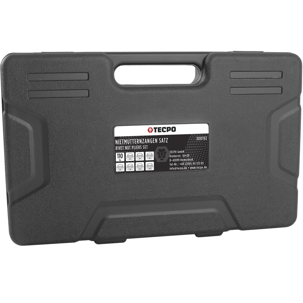 TECPO Nietmutternzange Set, 110-teilig Profi Satz Nietmuttern mit Gewinde, Nietzange, Universalschlüssel, Zugdorne und Mundstücke aus Stahl M3, M4, M5, M6, M8, M10, M12