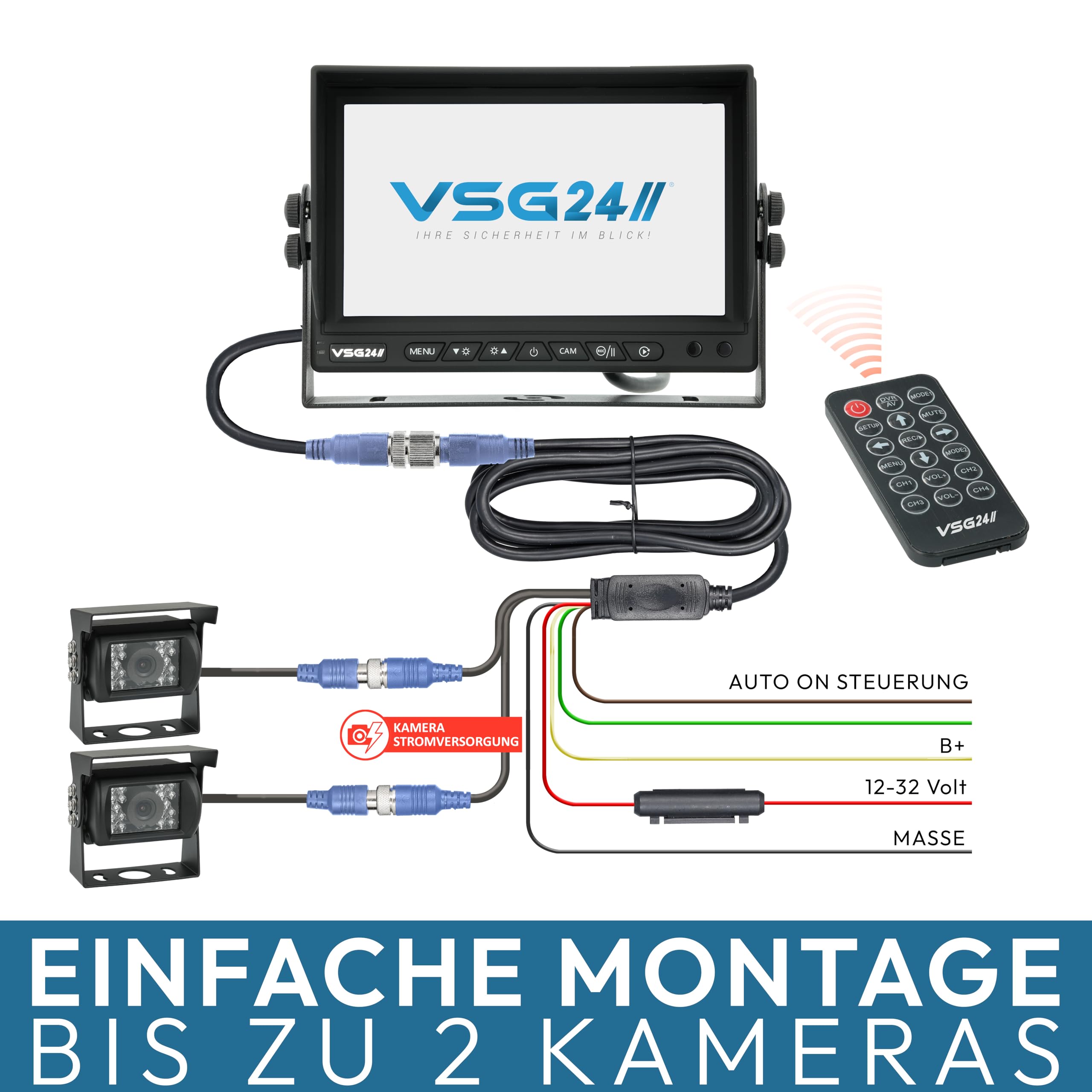VSG24 Rückfahrkamera 7" HD Starter-Set inkl. Kamera, Monitor, Kabel - Wasserdicht Nachtsicht 12V-24V Einfache Montage/Robustes Rückfahrsystem für Auto Wohnwagen LKW Anhänger Wohnmobile Einparkhilfe