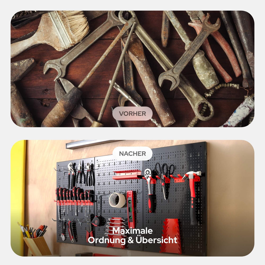 Arebos Werkzeugwand 3-teilige Lochwand Werkstatt | 17-teiliges Hakenset & Halterungen | 117,6 x 59,5 x 2 cm | Werkzeuglochwand aus Metall für Werkstatteinrichtung inkl. Montagematerial | Rot