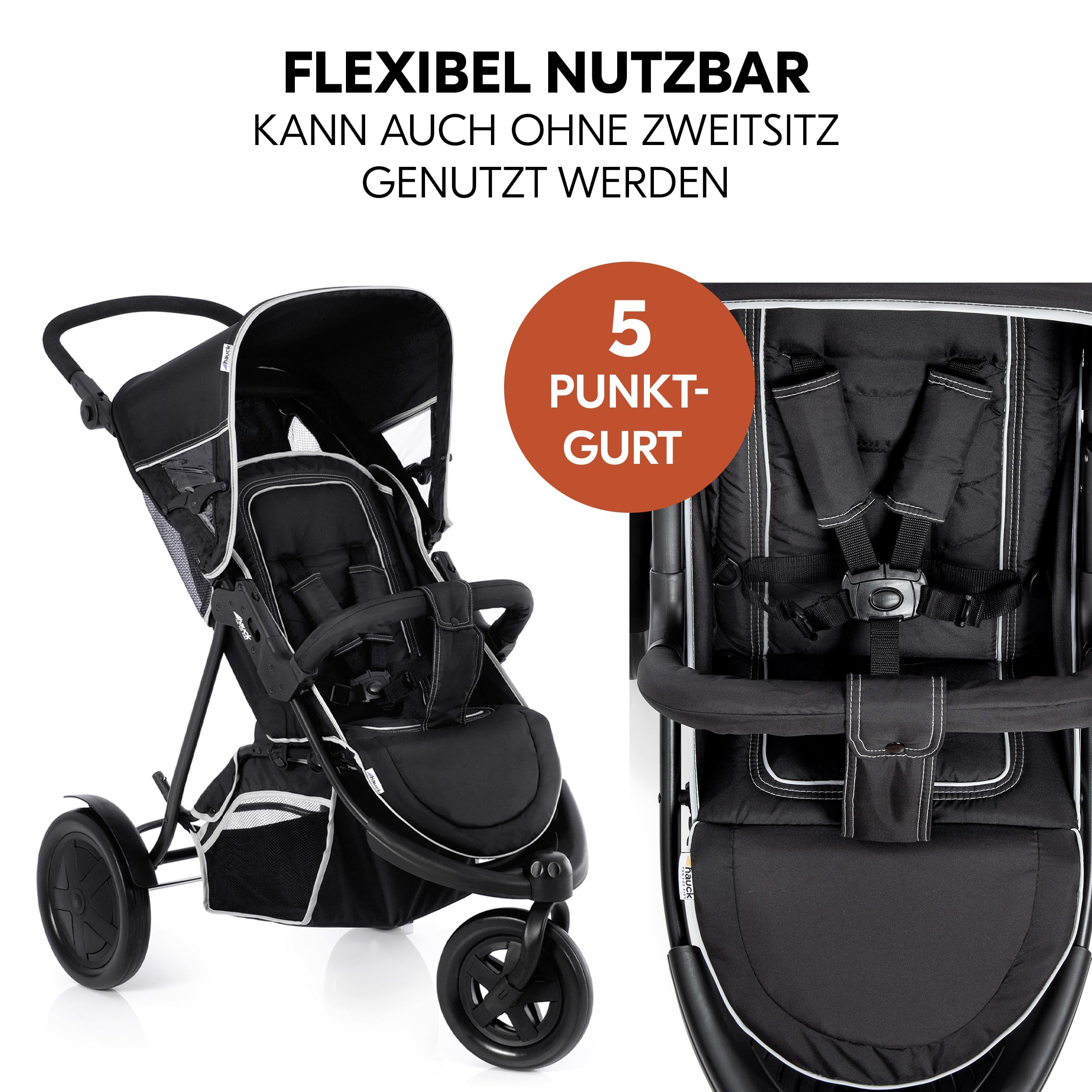 hauck Freerider, Schwarz - 3 Rad Geschwisterbuggy mit Regenschutz für 2 Kinder - Oberer Sitz mit Liegefunktion ab Geburt - Unterer Sitz ab 6 Monaten - Max. 15 Pro Sitz - Höhenverstellbar