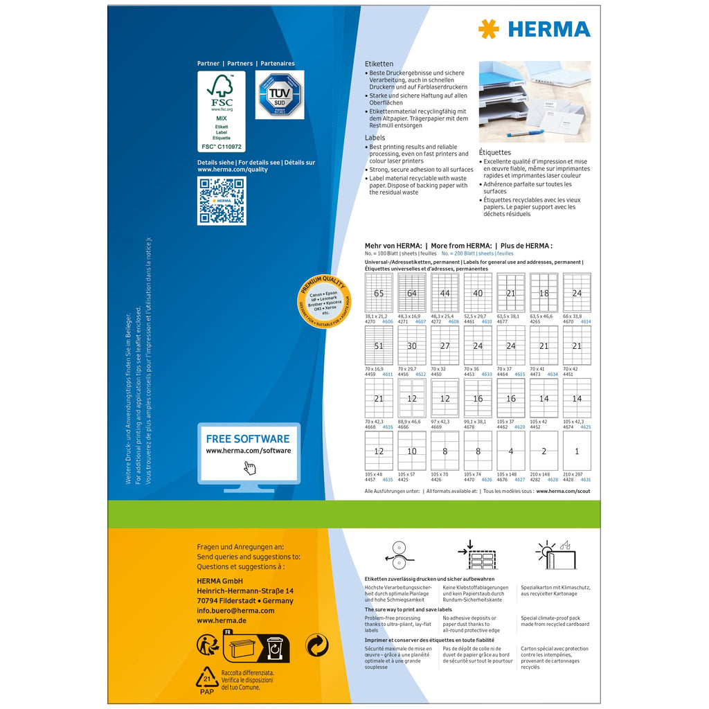 HERMA 4473 Adressetiketten, 100 Blatt, 70 x 41 mm, 21 pro A4 Bogen, 2100 Stück, selbstklebend, bedruckbar, matt, blanko Papier Adressaufkleber Etiketten, weiß