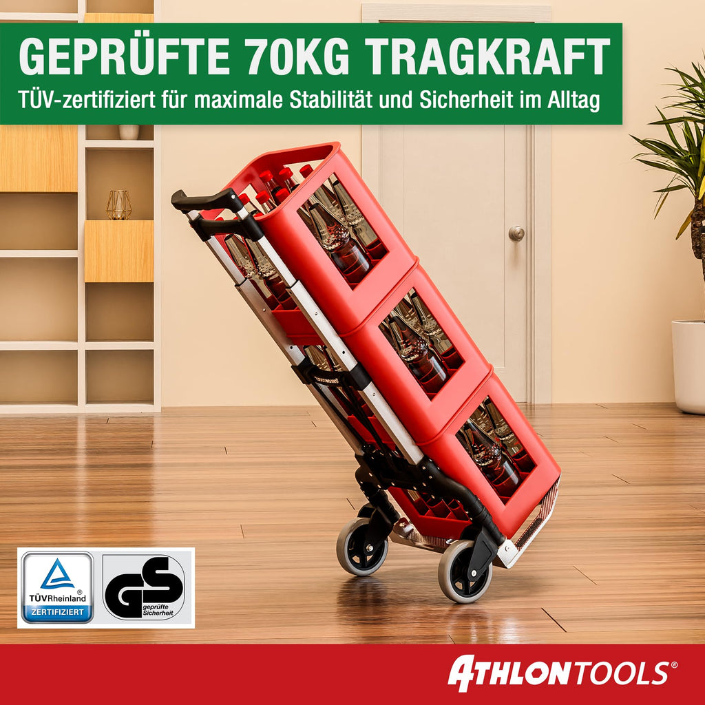 ATHLON TOOLS Aluminium Transportkarre klappbar TÜV geprüft – Langer Teleskopgriff 110 cm, Anti-Rutsch-Pads, Soft-Laufräder, inkl. 2 Expanderseile
