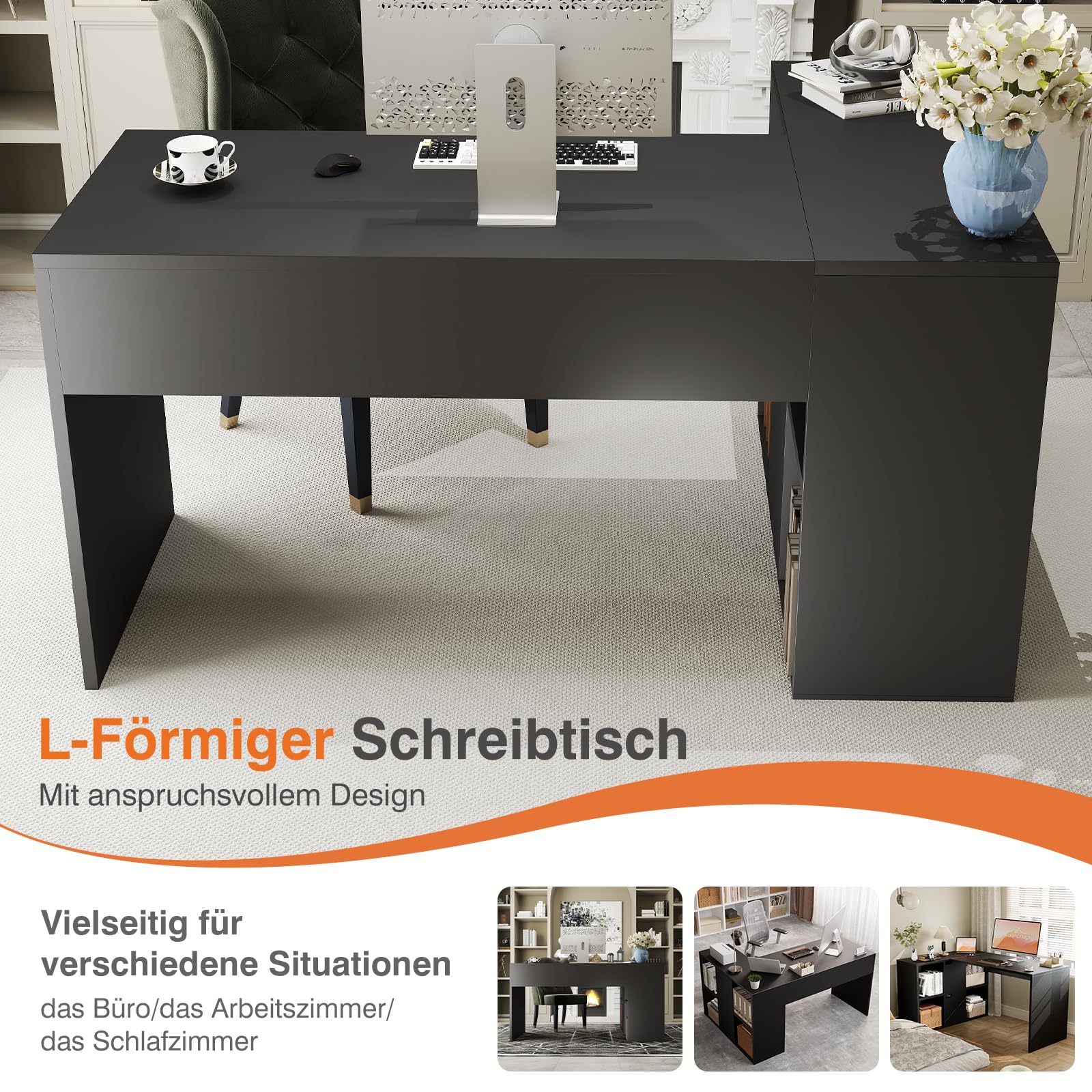 Sweetcrispy L-Form Schreibtisch mit Regal & Schrank, 120x100x75cm Eckschreibtisch, Starker Gaming Tisch mit Ablageflächen, Einfacher Montage, Schwarz