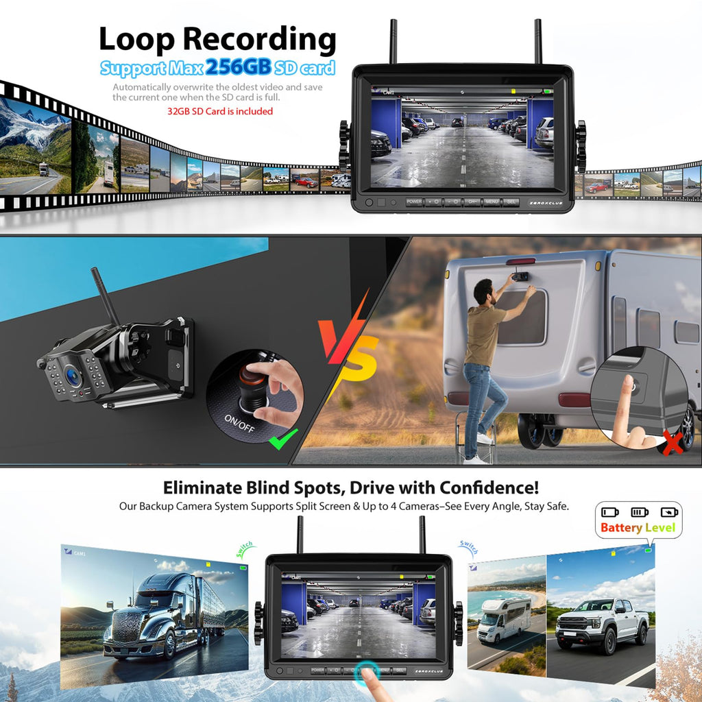 Magnetische Rückfahrkamera Kabellos, 7 Zoll 1080P FHD Monitor, 9600mAh Wiederaufladbare Akku, 1-Min Einrichtung, IP69K Wasserdicht Rückfahrkameras für Wohnmobile,Anhänger und LKWs