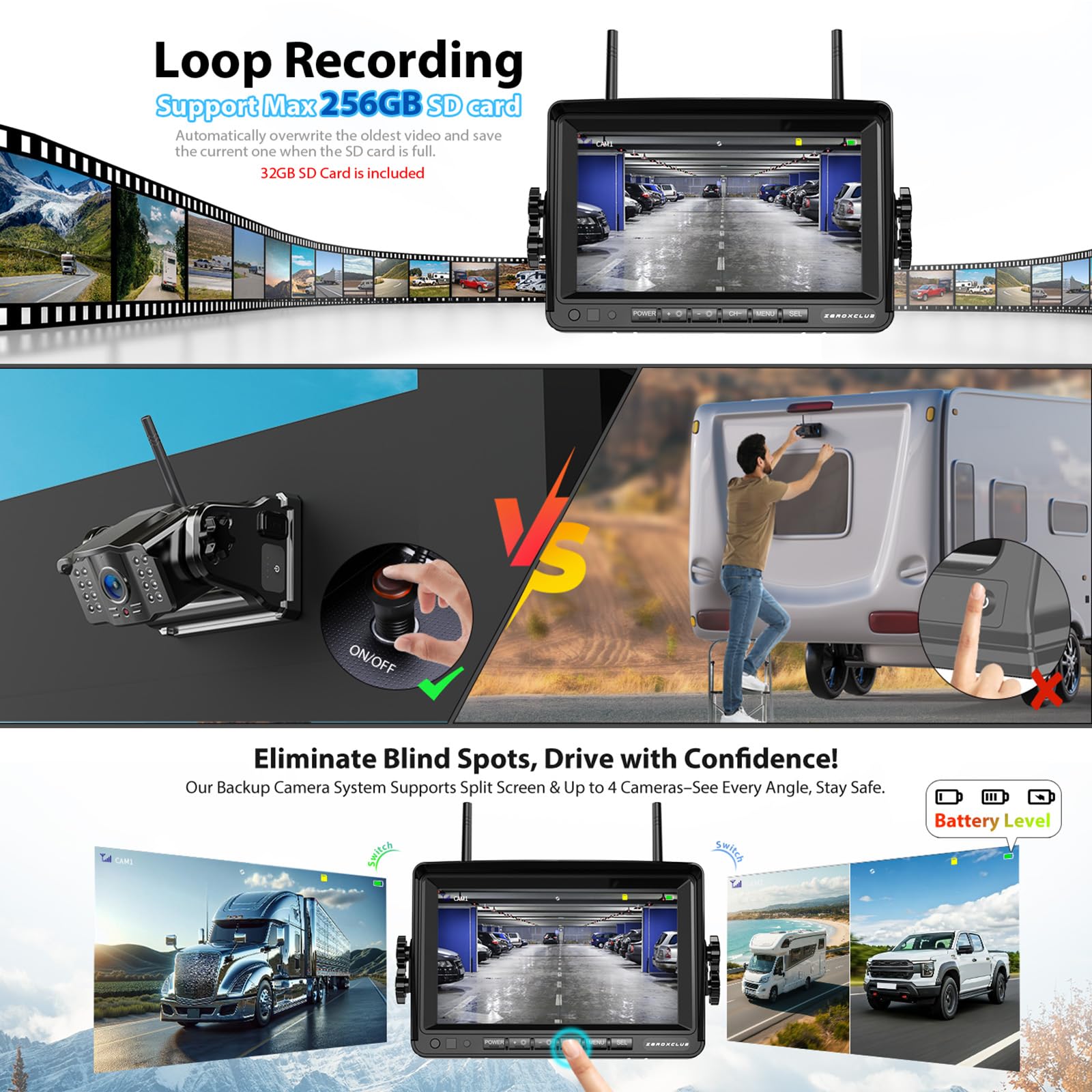 Magnetische Rückfahrkamera Kabellos, 7 Zoll 1080P FHD Monitor, 9600mAh Wiederaufladbare Akku, 1-Min Einrichtung, IP69K Wasserdicht Rückfahrkameras für Wohnmobile,Anhänger und LKWs