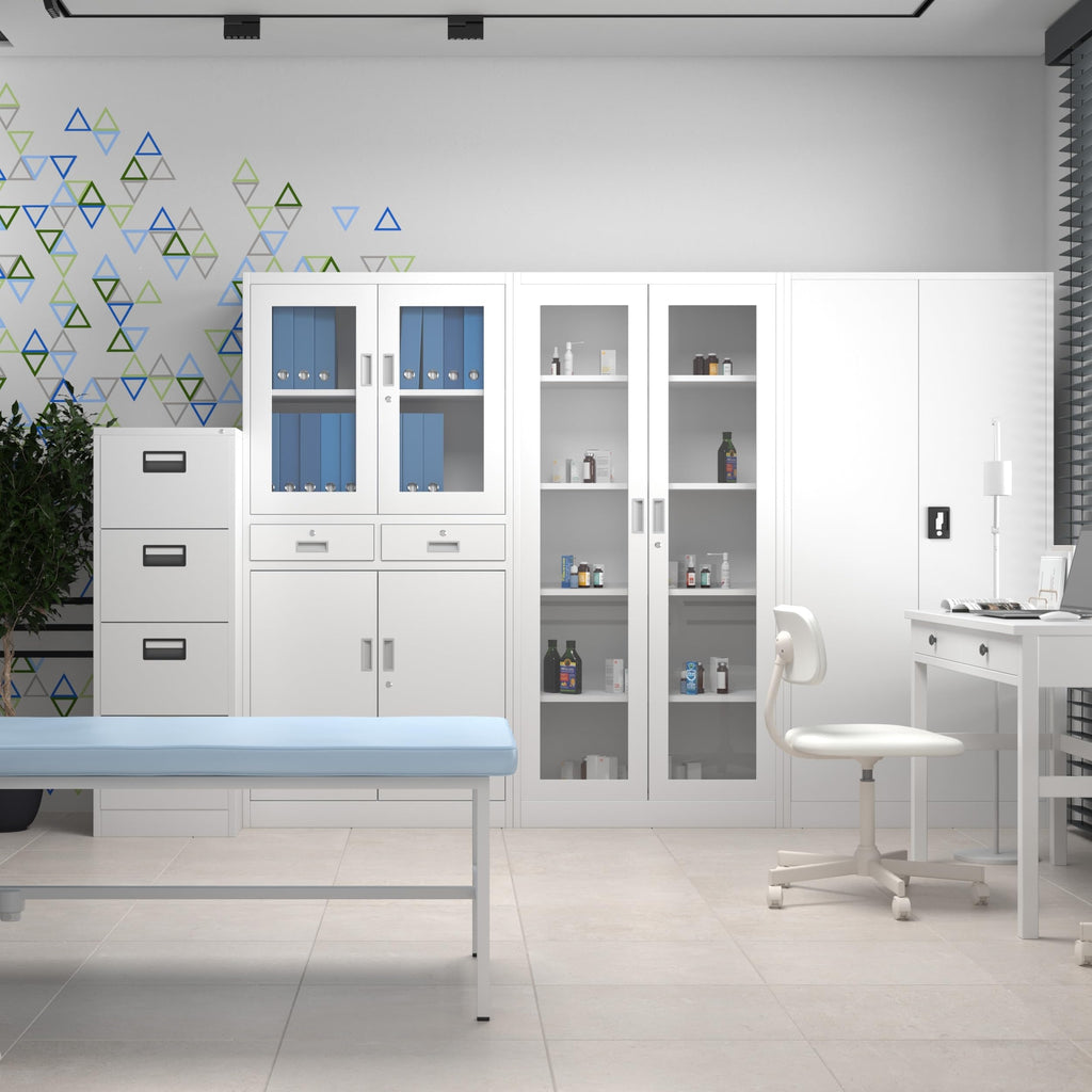 Jan Nowak Aktenschrank C012 Glasvitrine Büroschrank Universalschrank Flügeltürschrank Stahlblech Pulverbeschichtung abschließbar 185 cm x 90 cm x 40 cm (Weiß)