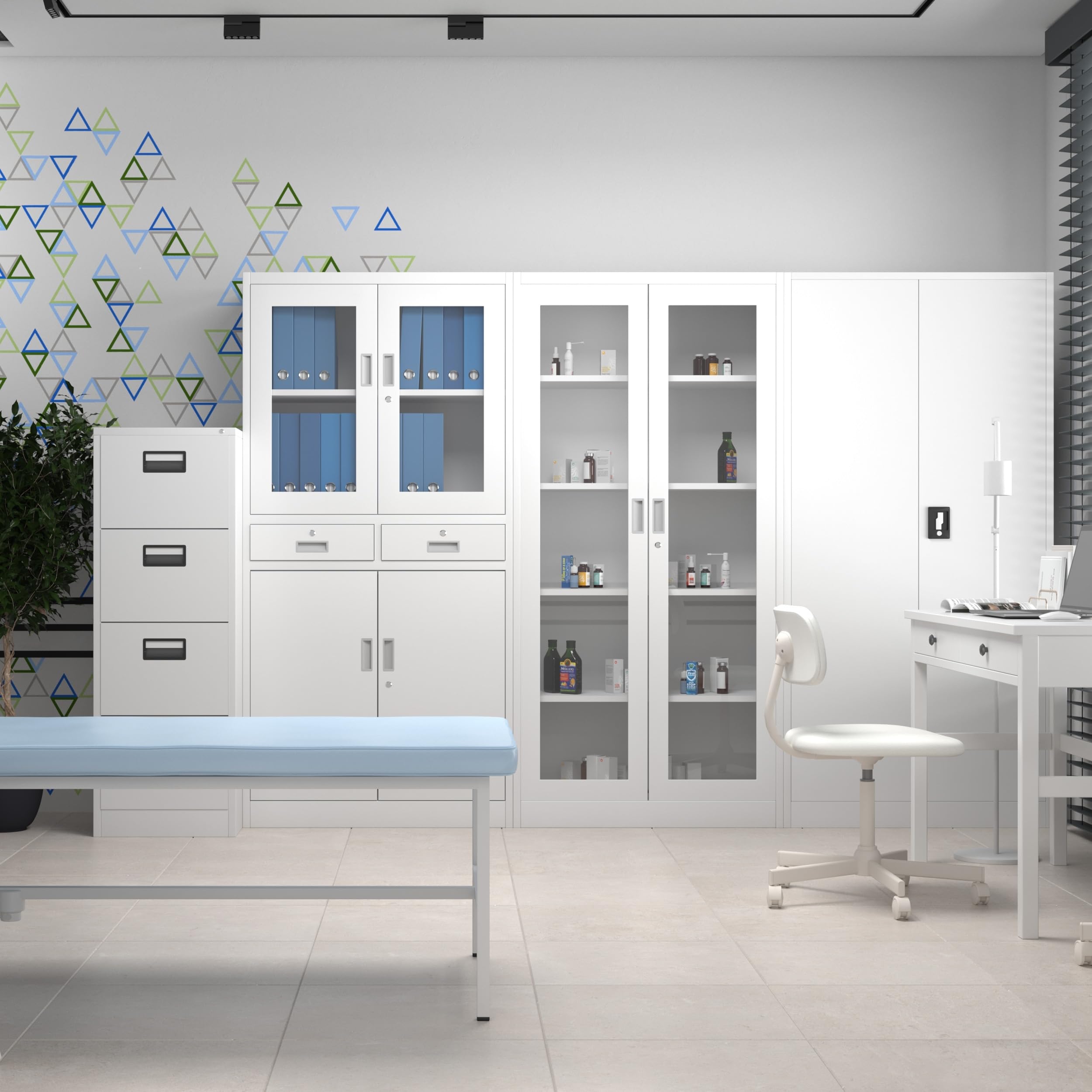 Jan Nowak Aktenschrank C012 Glasvitrine Büroschrank Universalschrank Flügeltürschrank Stahlblech Pulverbeschichtung abschließbar 185 cm x 90 cm x 40 cm (Weiß)