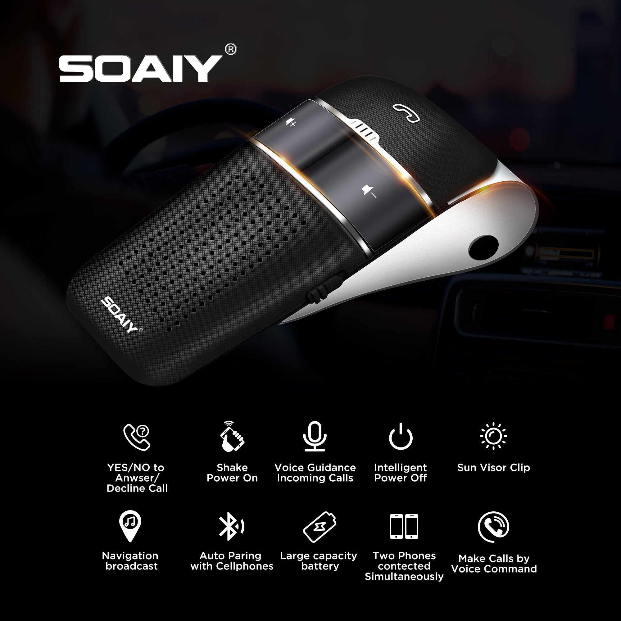 SOAIY S32 Auto Kfz Bluetooth V5.0 Freisprecheinrichtung Freisprechanlage Car-Kit für Sonnenblende Automatische Abschaltung und Aktivierung möglich Musik GPS Unterstützung mit Deutscher Sprachausgabe