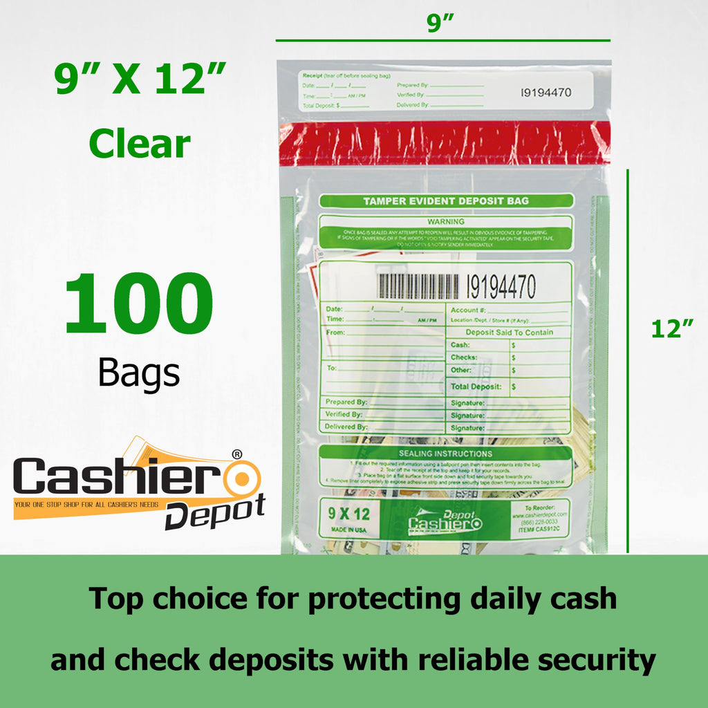 Cashier Depot Manipulationssichere Bankeintüten, 22,9 x 30,5 cm, transparent, serialisierte Nummerierung, Barcode, Press- & Seal Void Verschlussband