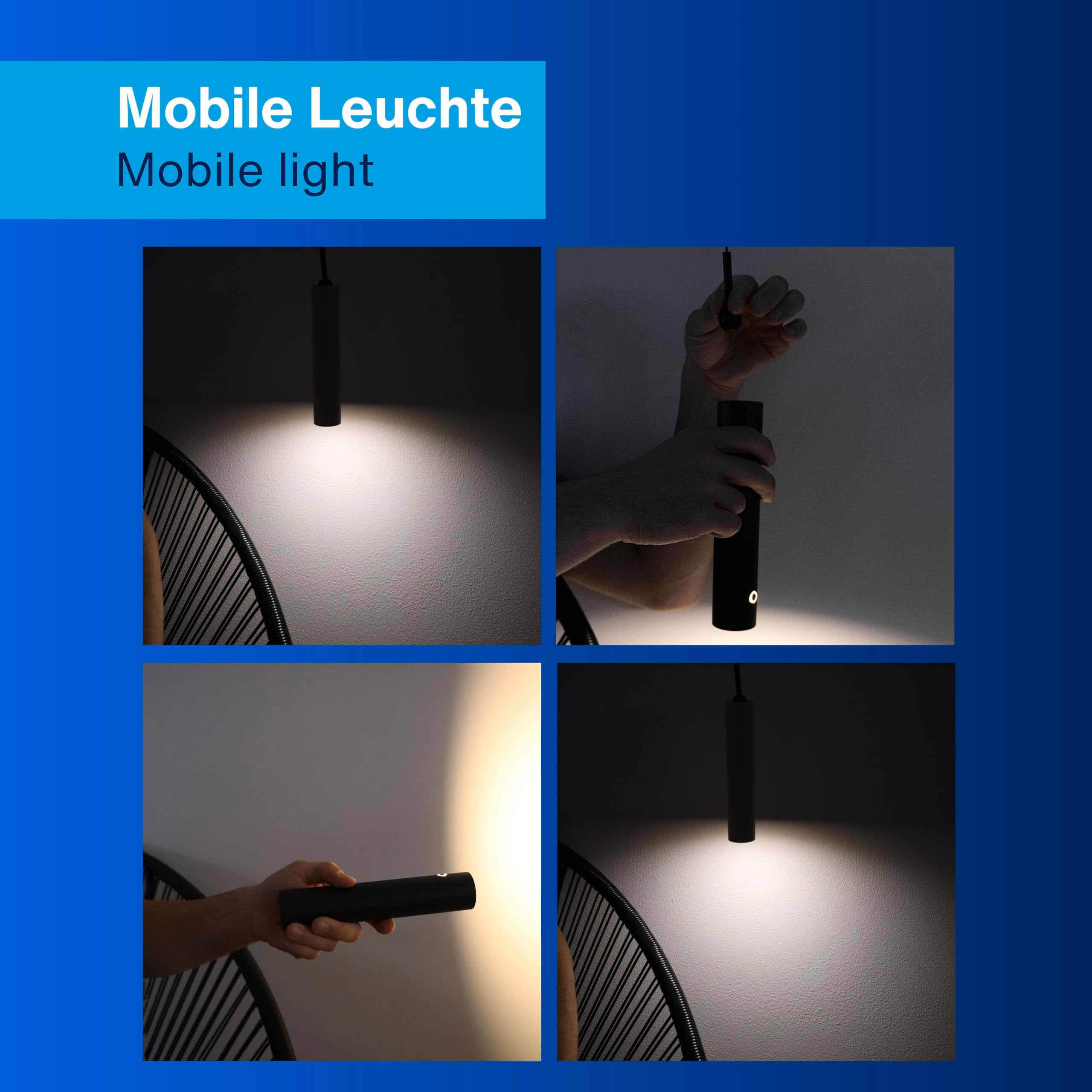 REV Pendelleuchte Akku - 130lm dimmbar 3 Farben, Timer 1-4H, höhenverstellbar durch ziehen (37-163cm) Hängeleuchte mit Fernbedienung, ideal als Hängelampe ohne Strom, schwarz