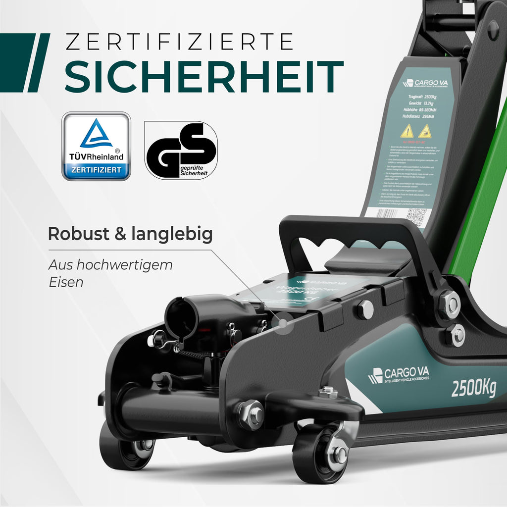 Wagenheber hydraulisch 2,5T – TÜV – 85-380mm Hub – flach für tiefergelegte Autos – Rangierwagenheber inkl. Gummiauflagen [Koffer]