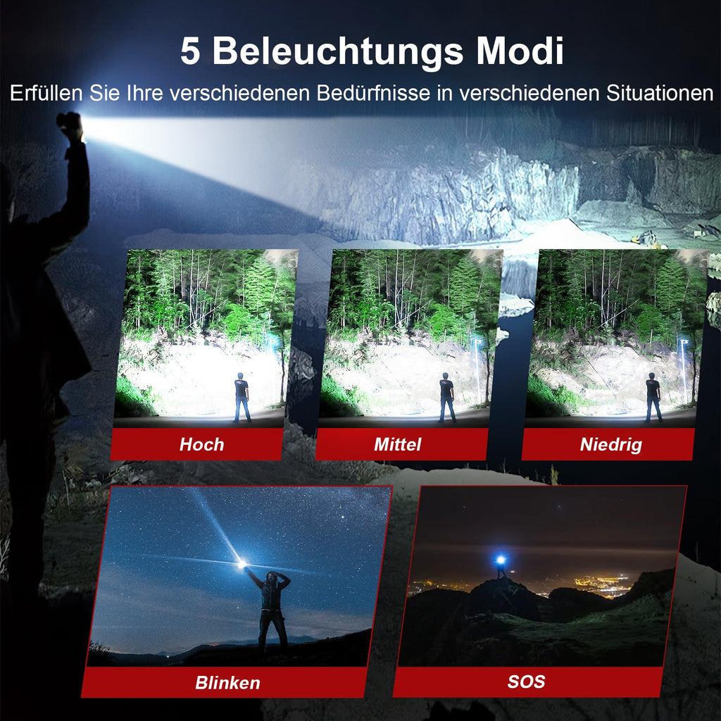 Shadowhawk Taschenlampe Led 500000 Lumen, Extrem Hell Taschenlampe USB Aufladbar Taktische Taschenlampen Mit holster XHP70.2, IP67 Wasserdicht 5 Lichtmodi für Camping Wandern Notfälle